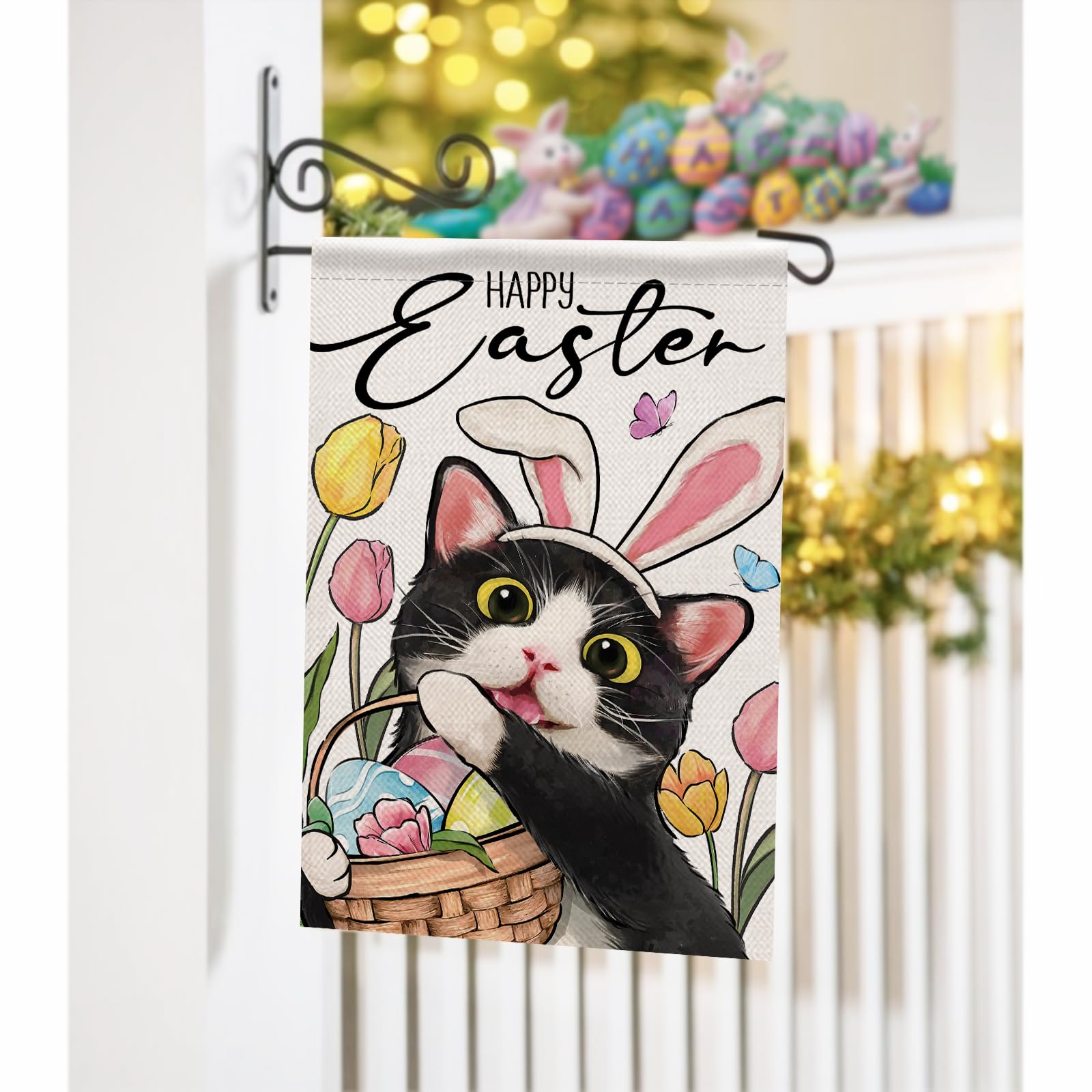 Covido Gartenflagge Happy Easter – Design Mit Schwarzem Labrador, Eiern & Blumen, Wetterfest, Doppelseitig, 31x46 Cm, Jute-Optik