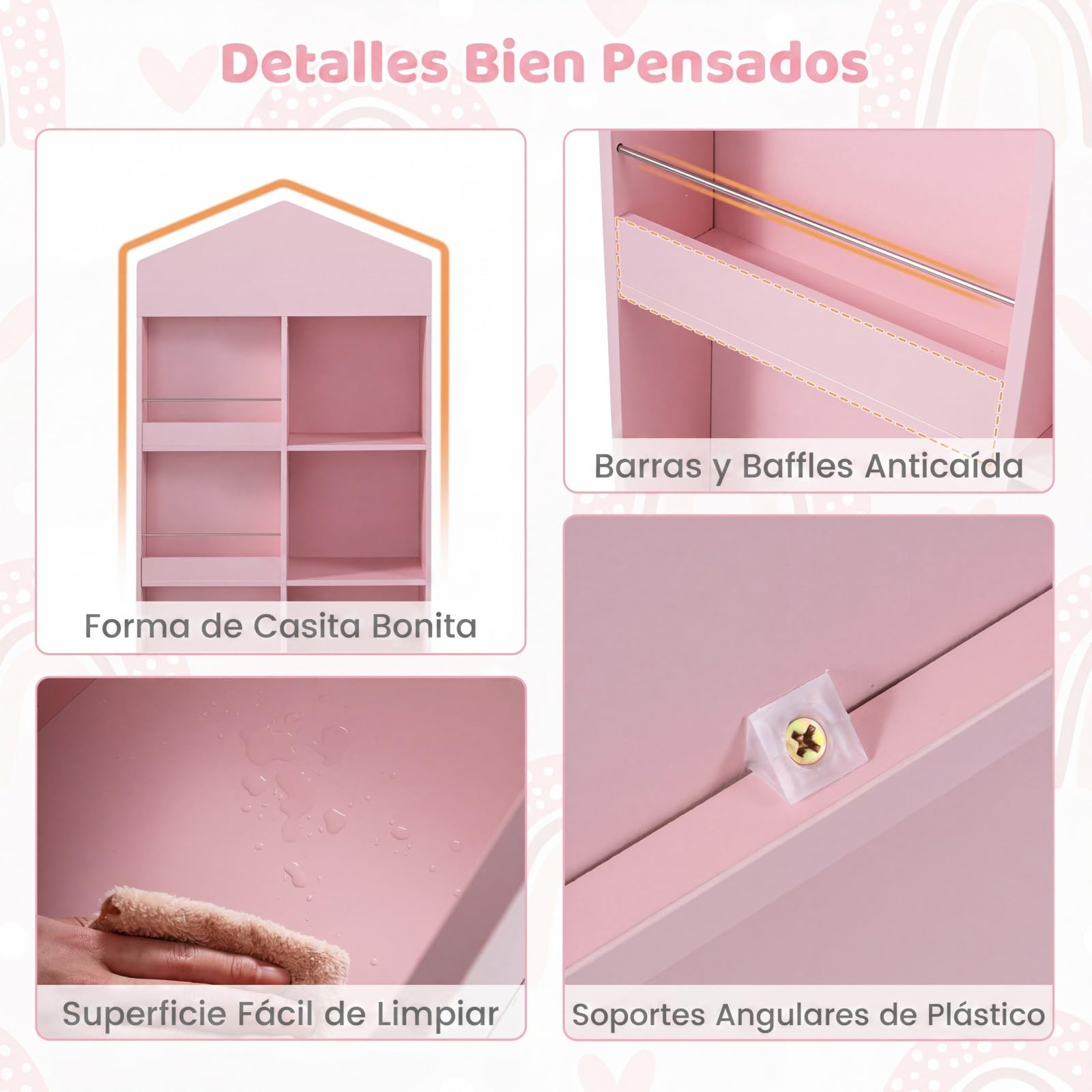 COSTWAY Estantería Infantil de Madera, Organizador Juguetes Tipo Casita de Muñecas con Compartimentos, Kits Antivuelco, Barras y Baffles Anticaída, Biblioteca para Sala de Juegos,64x30x116cm (Rosa)