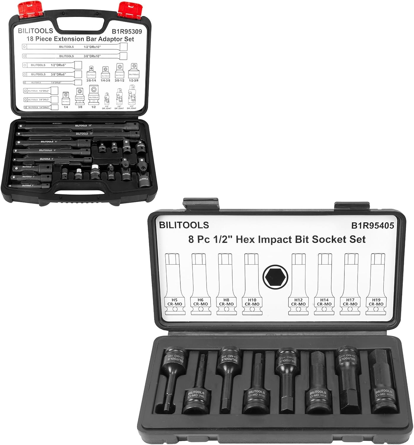 BILITOOLS 18-Piece Drive Tool Accessory Set& 8-Piece Impact Hex Allen Bit Socket Set 1/2 inch Drive, H5-H19, Cr-Mo Steel