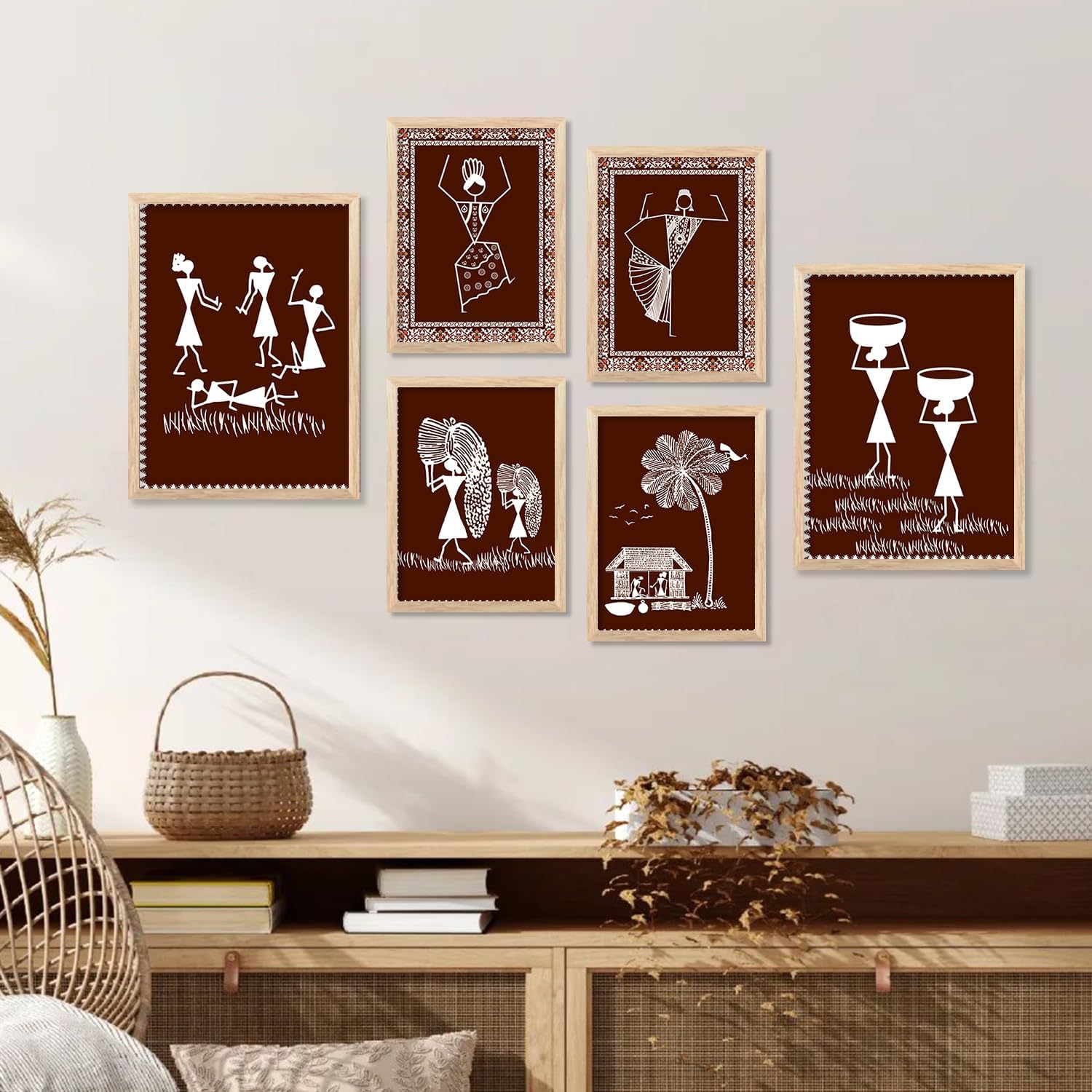 kotart Warli art Digital Paintings with Frame for Home Decoration - Painting for Living Room Bedroom Office Room Decor - Painting for Wall Decoration - Pack of 6 (H)