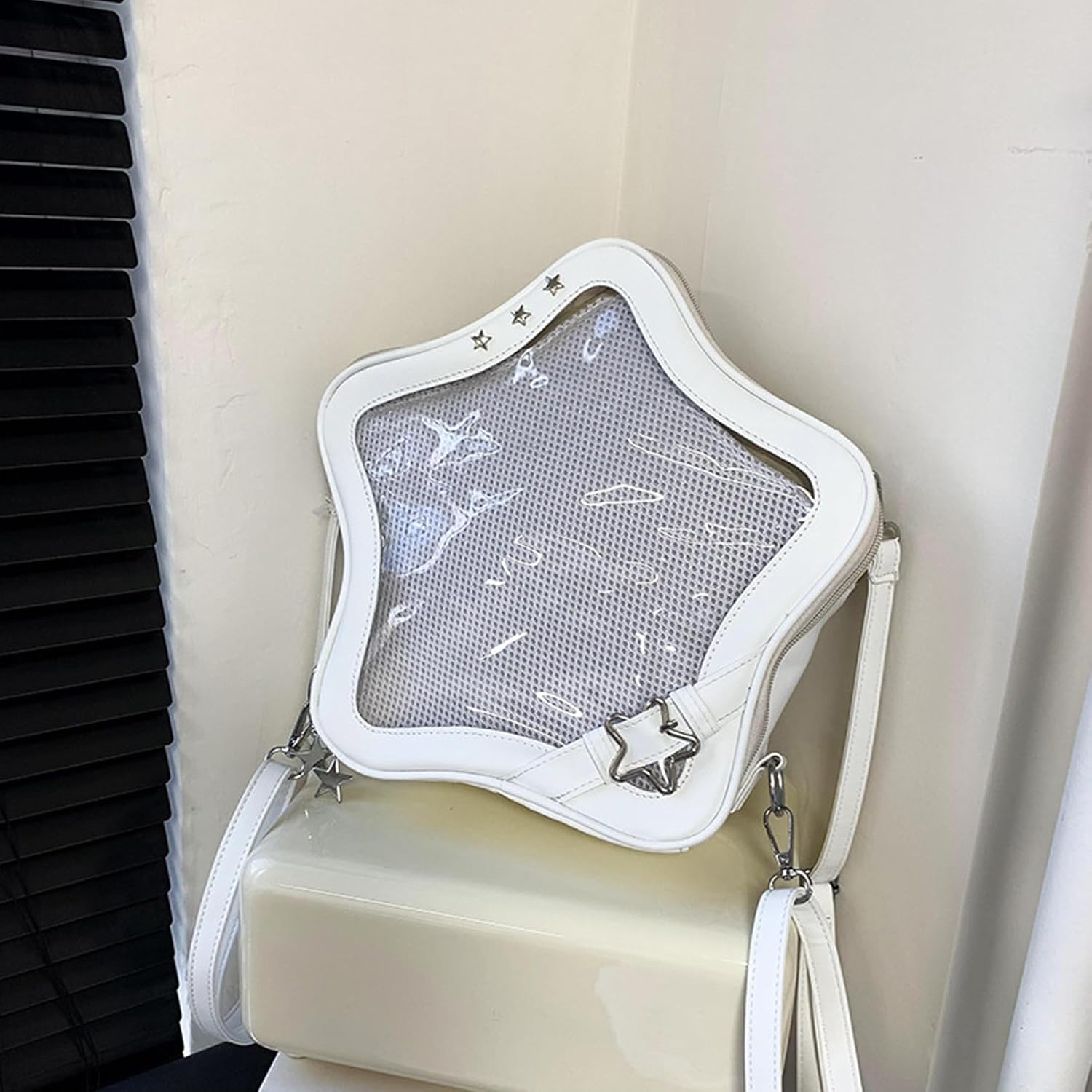 Star Shape Ita Bag - Women's Crossbody Backpack Purse, PU Leather Cute Aesthetic Handbag for Pin Insert Display (White)