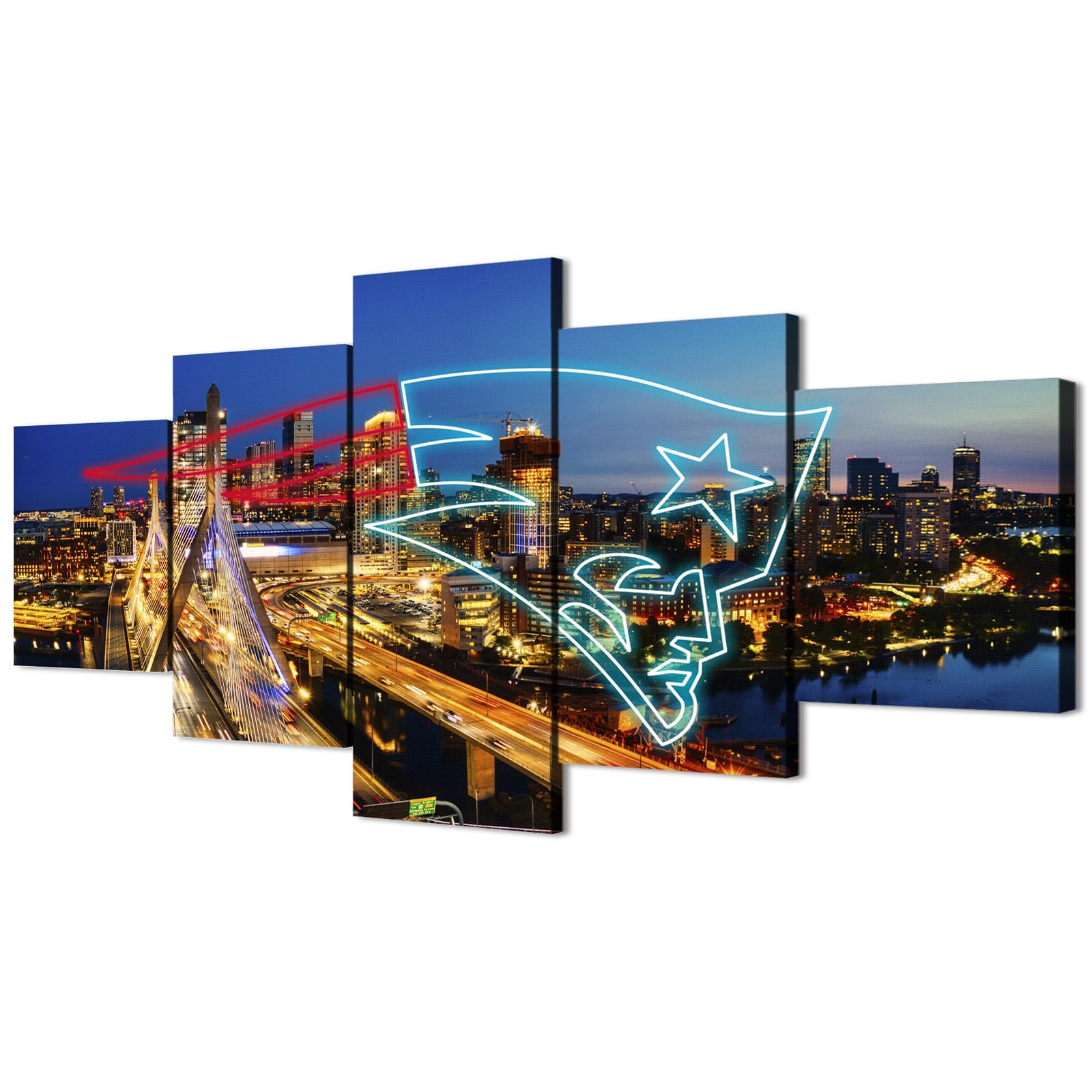 (60X100CM/5PCS) Frame Canvas Print Poster - New England Massachusetts American football Neon Dolphins - City Landscape Wall Art for Home and Office Decor