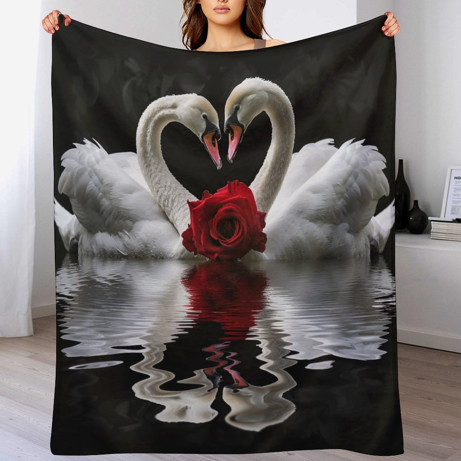Couverture cygne flanelle douce et romantique, plaid chaud motif floral rose