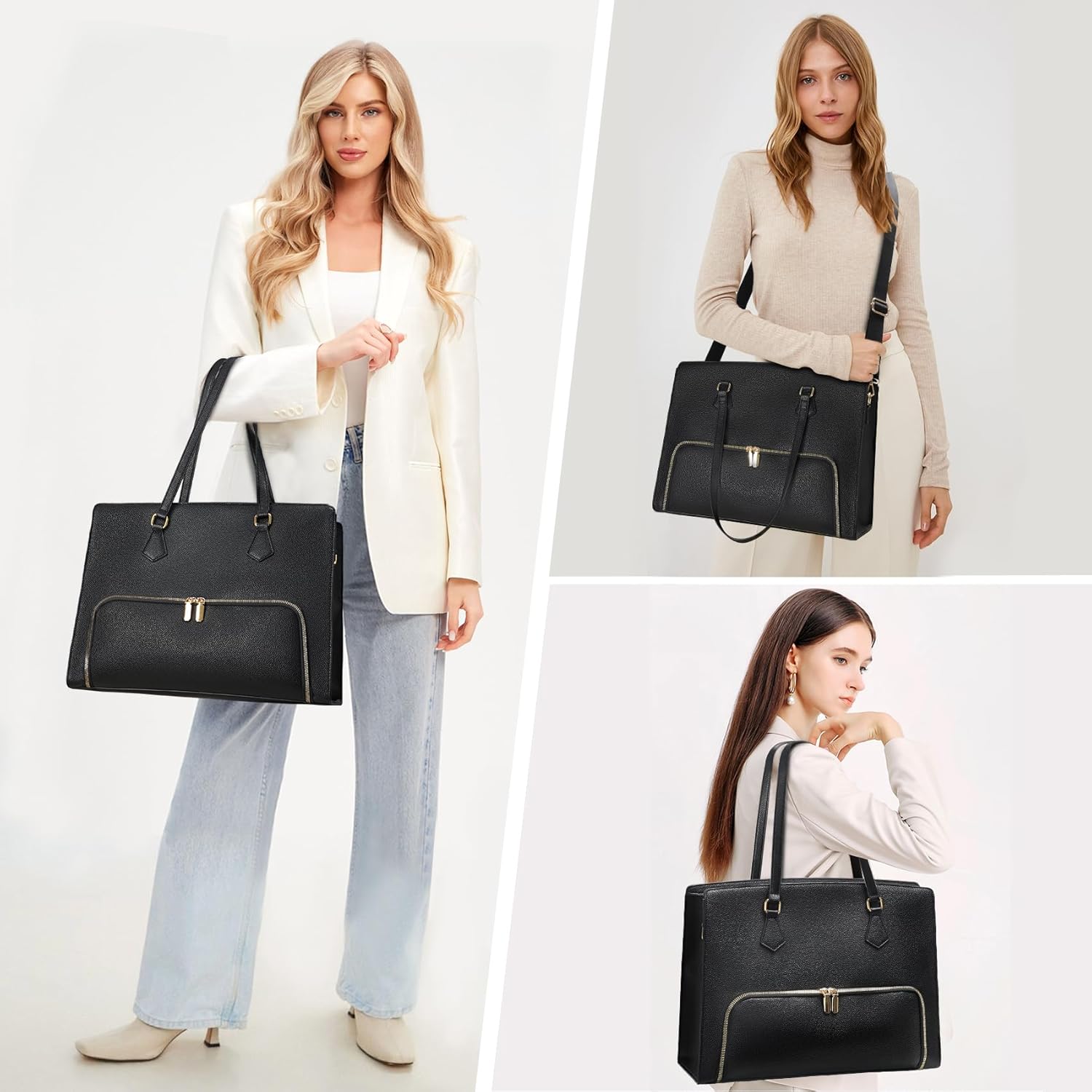 Jetviivid Laptop Tote Bag with Lunch Compartment, PU Leather Work Bag for Women, 15.6 Inch Laptop Bag for Office,Work, Black - Image 2