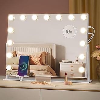 SONGMICS Vanity Makeup Mirror with Lights, Touch Control, 15 LED Bulbs, with Charging Ports, Detachable 10X Magnifying Mirror, 3 Color Temperatures, Dimmable, Phone Holder, Matte White ULWM001W01V1