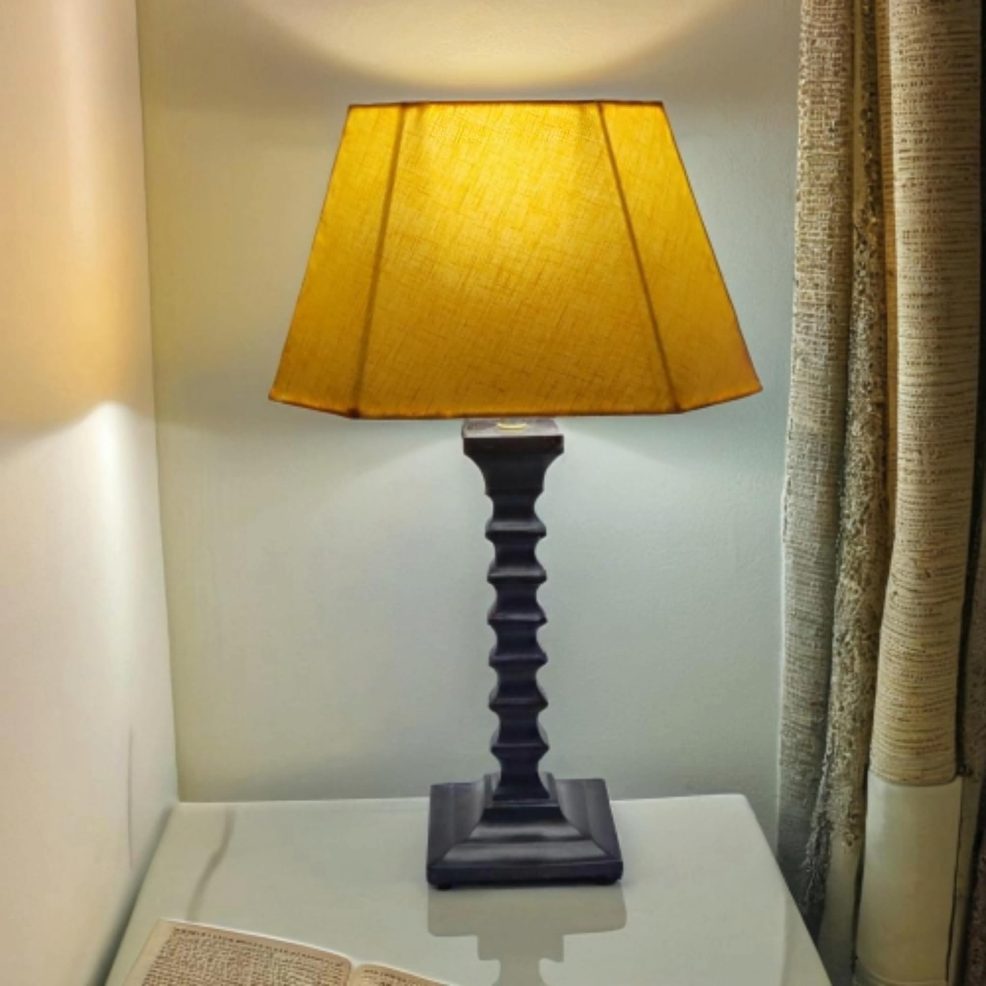 RHAA Melon Table Lamp|Sculpted Wooden Table Lamp with Cotton Linen Amber Shade|Unique Space Saving Sleek Design| Lamp Height 18 inch | Perfect as Anniversary or House Warming Gift|Bed Side Lamp