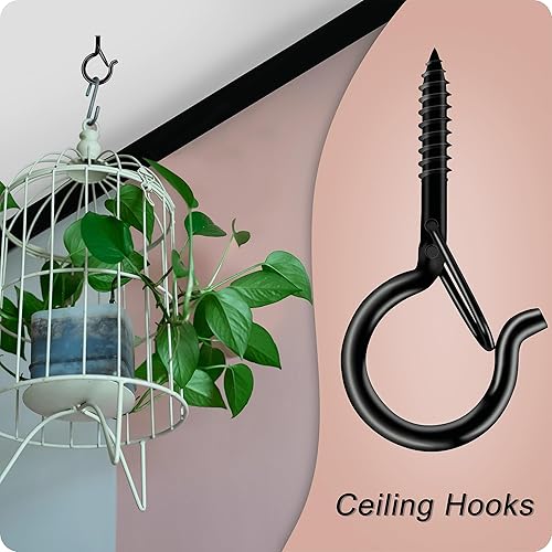 Miniatura 6 de Ganchos de tornillo negros con bloqueo de seguridad, ganchos de techo de metal inoxidables de 2.3 pulgadas para plantas colgantes, cestas, luces de