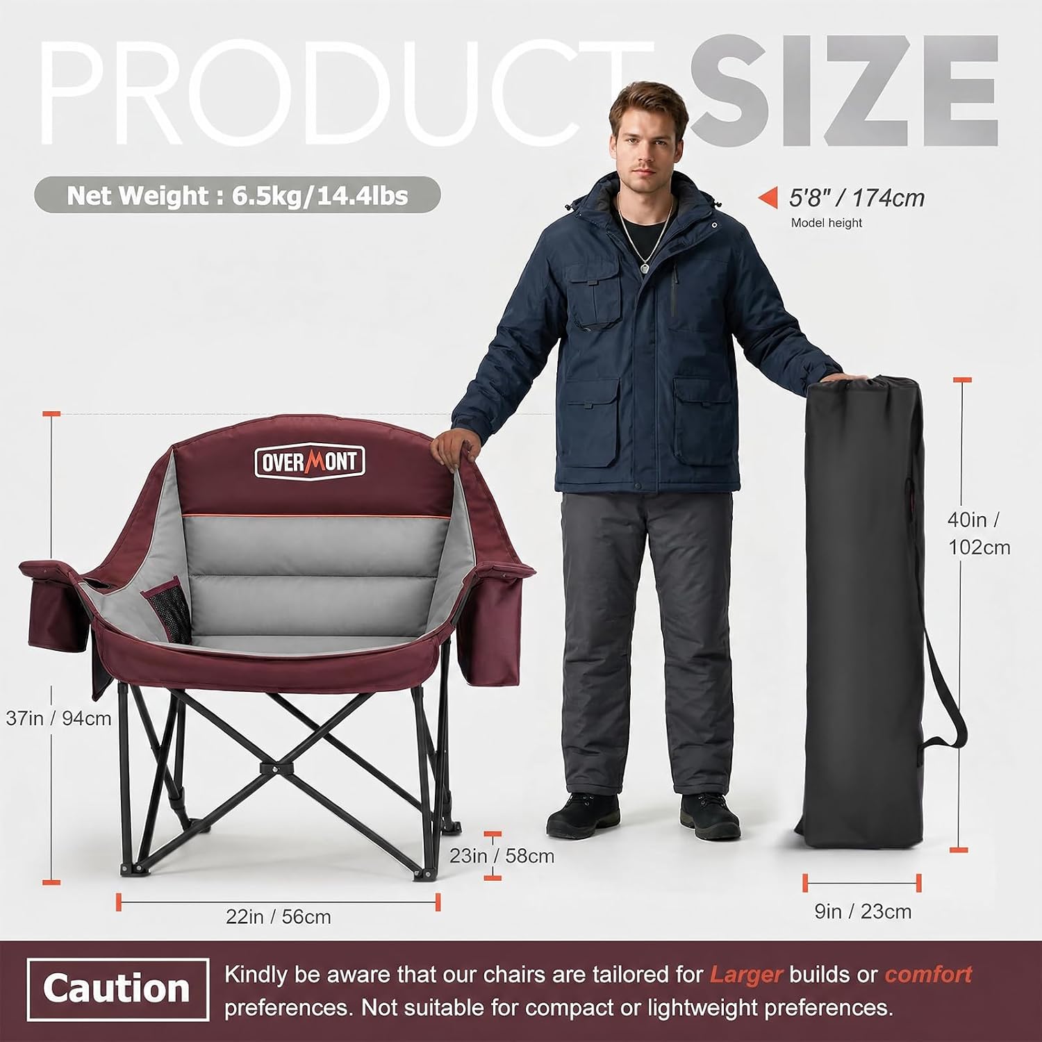 Overmont Gentle Heated Oversized Camping Chair for Adults - 3 Levels Seat & Back Separately Control - 500lbs Support Heavy Duty Padded Folding Chair Outdoor Garden Portable - Battery NOT Included