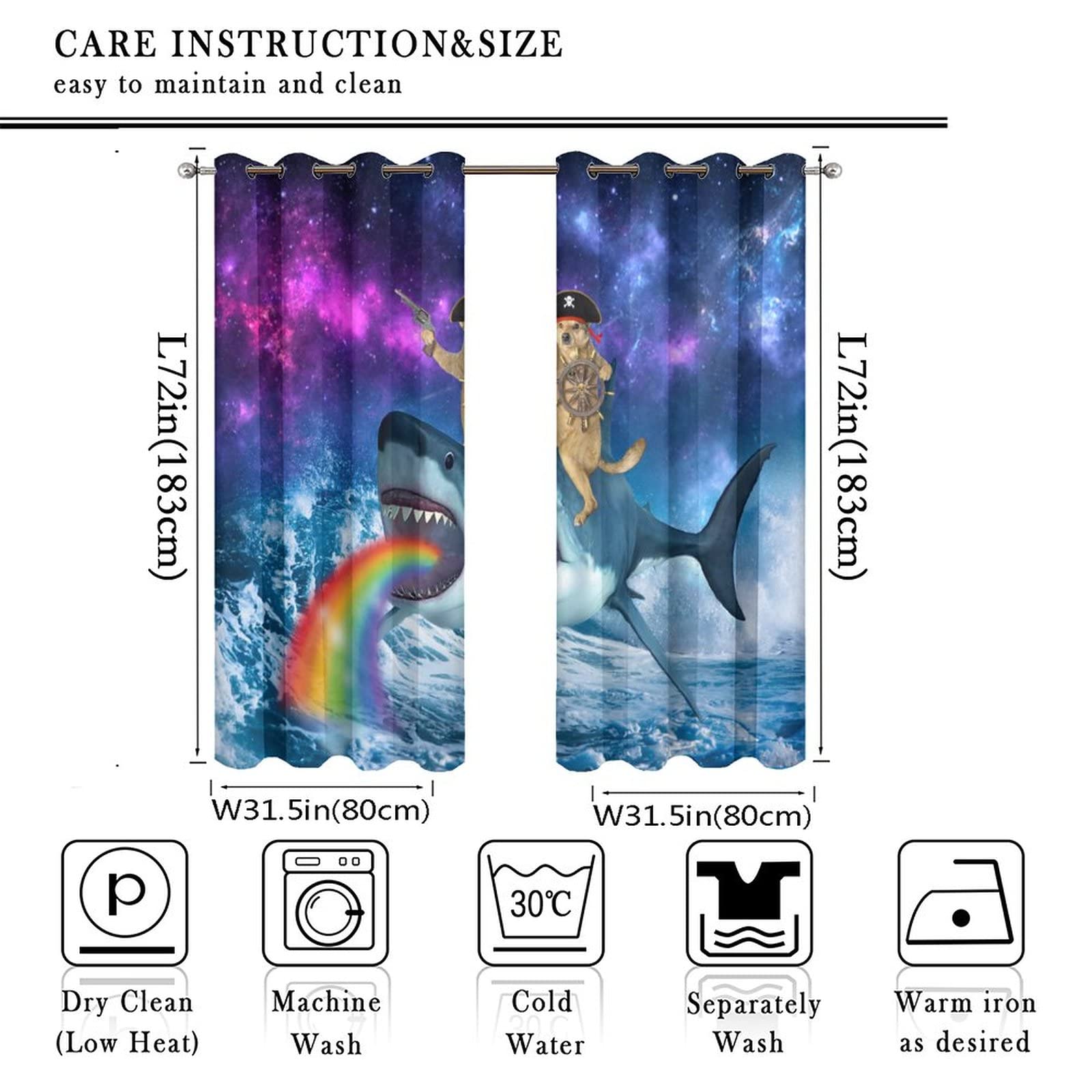 Kazynee Funny Rudder Dog Ultra Soft Premier Blackout Curtains,Cool Dog Riding Shark Fantasy Universe Galaxy PrintThermal Insulated Bedroom Noise Reducing Patio Door Grommet Top,2 Panels 72L x 31.5W