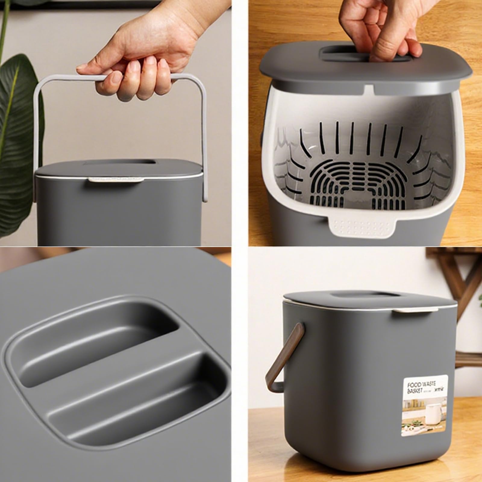 Compostiera da Cucina 4L con Filtro Carbone Attivo - Secchio Compost Biologico Antiodore & Lavabile Lavastoviglie - Pattumiera per Rifiuti Organici con Maniglia (Grigio)