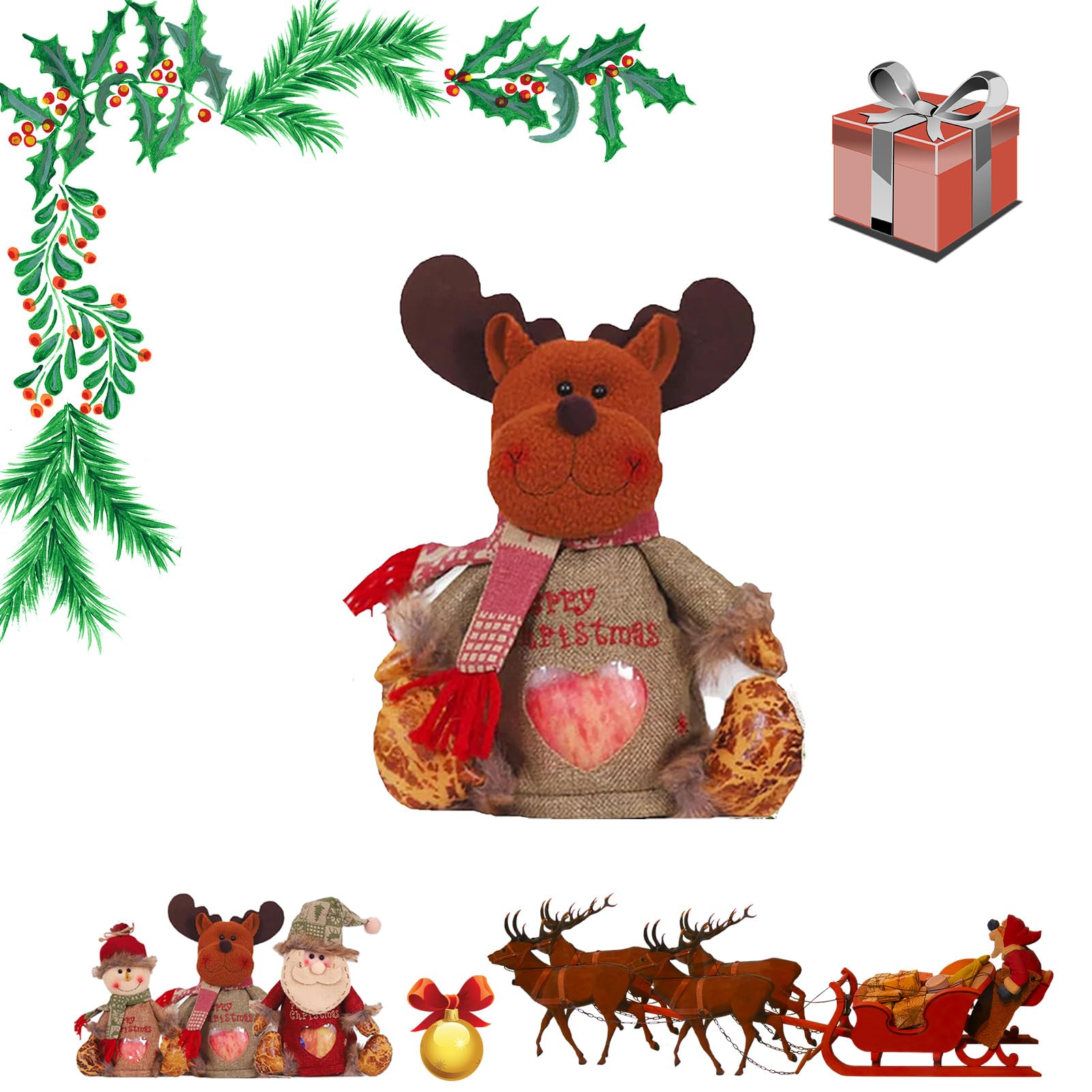 Christmas Gift Bags Zipper Design, Christmas Gift Doll Bags with Drawstring, Small Christmas Gift Bags, Santa Snowman Doll Storage Bag,Reusable Fabric Xmas Favor Bags (Reindeer) — image 1