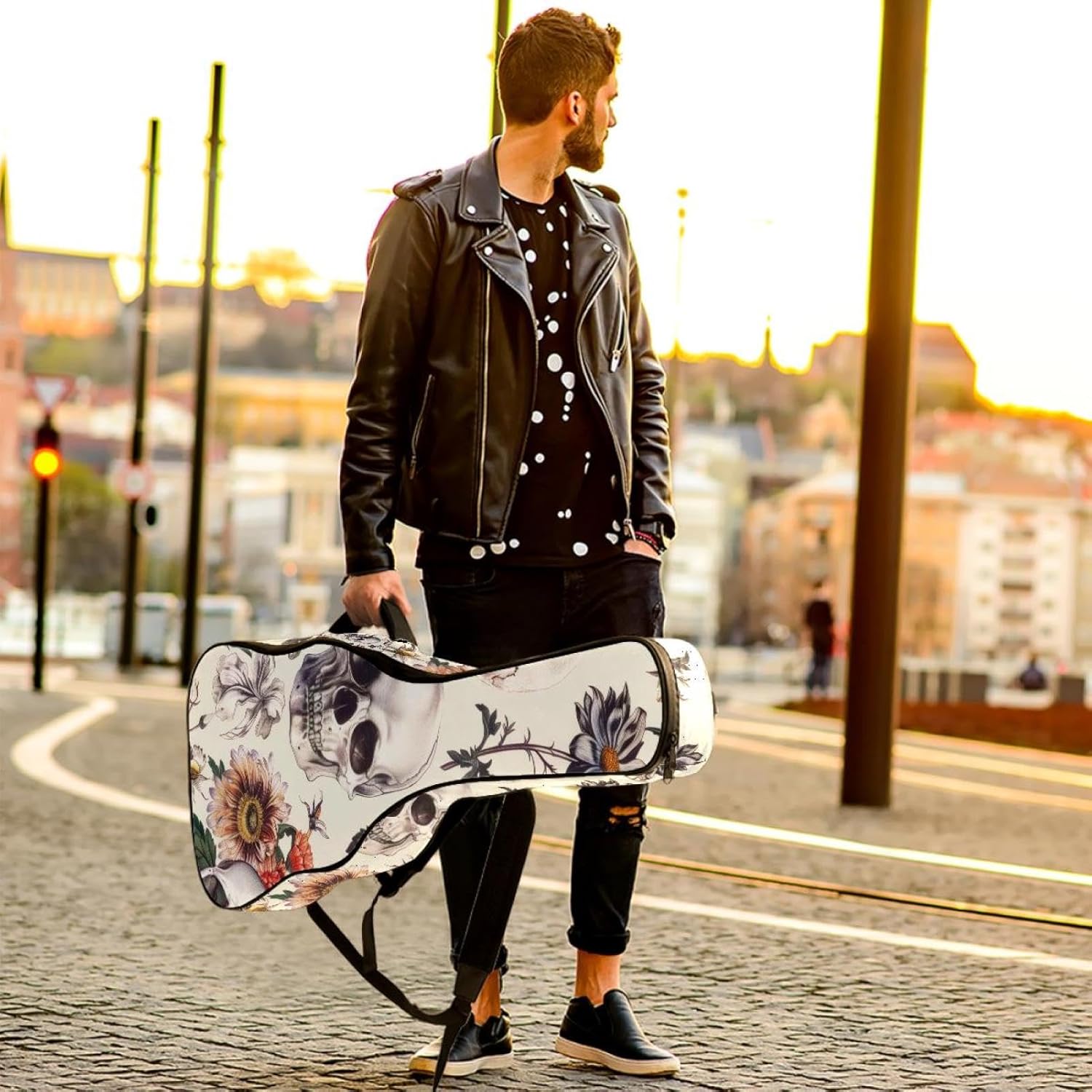 Acoustic Guitar Bag 0.4 Inch Thick Padding Waterproof Guitar Case Gig Bag for 40 41 42 Inch Electric Bass Classical Guitar, Aesthetic Skull with Flowers Vintage Pattern