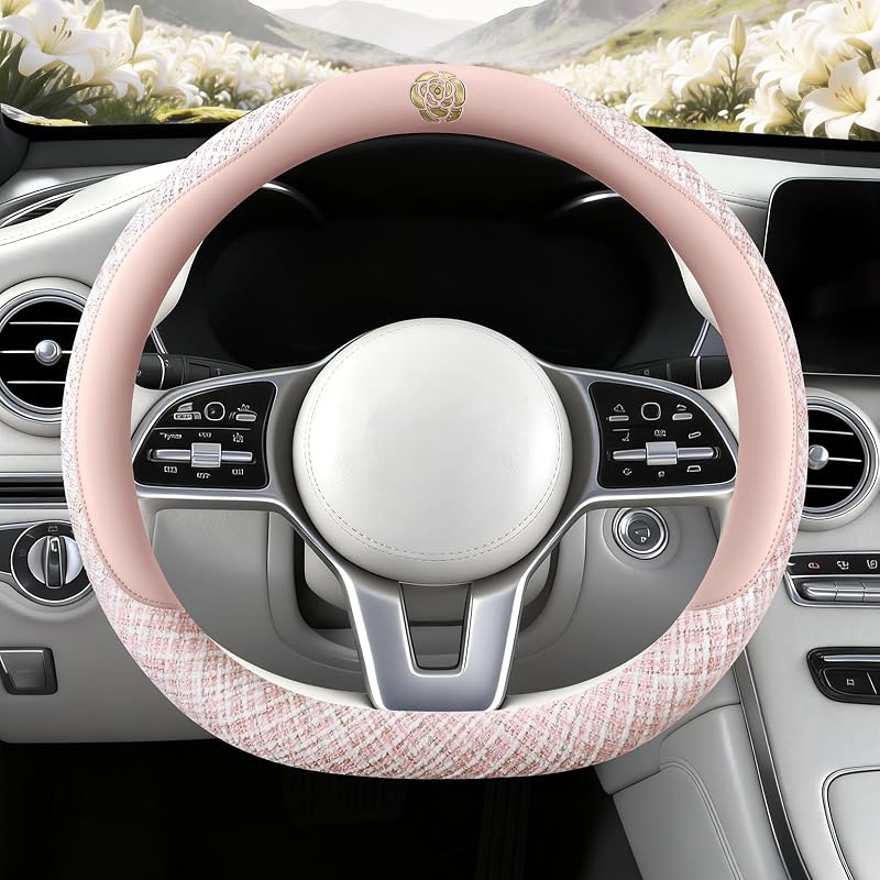 Capa para Volante em Tecido Tweed Rosa, Formato D, WJMZ, 34,3–35,6 cm
