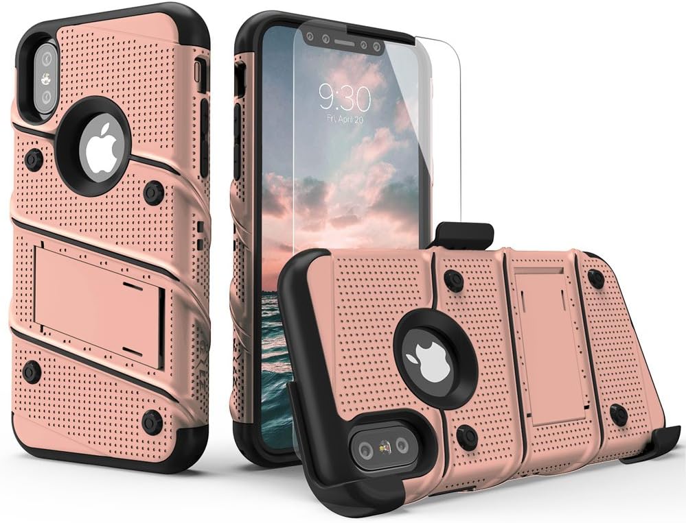 Zizo Bolt Series Compatible with iPhone X Case Military Grade Drop Tested with Screen Protector, Kickstand and Holster iPhone Xs Rose Gold Black