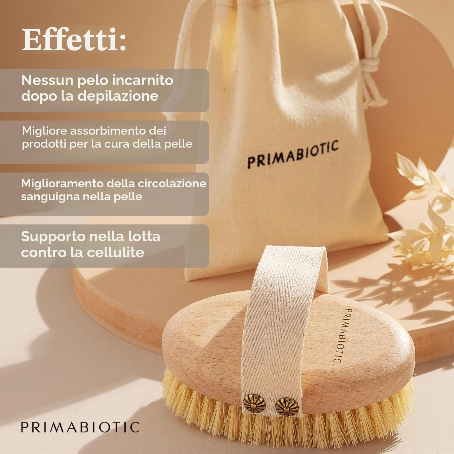 Spazzola per Massaggio Corpo - Primabiotic in Legno di Faggio e Fibre di Agave | Prodotto Ecologico con Custodia | Ideale per Spazzolatura a Secco e Cellulite