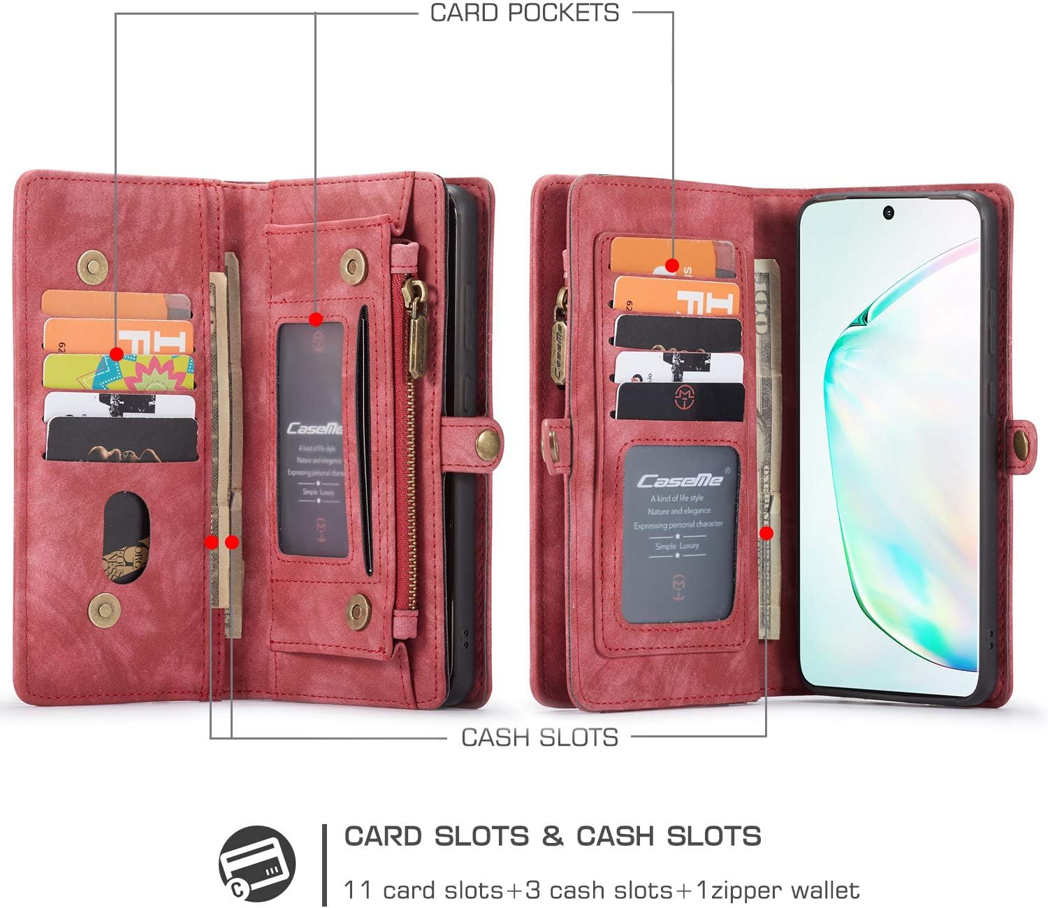 Simicoo Samsung Galaxy S24 Ultra Wallet Leather Case Detachable Magnetic Zipper Flip Case 11 Card Slots Holder Wrist Strap Handle Shockproof Cover Pocket Wallet Handbag for S24 Ultra (Red)
