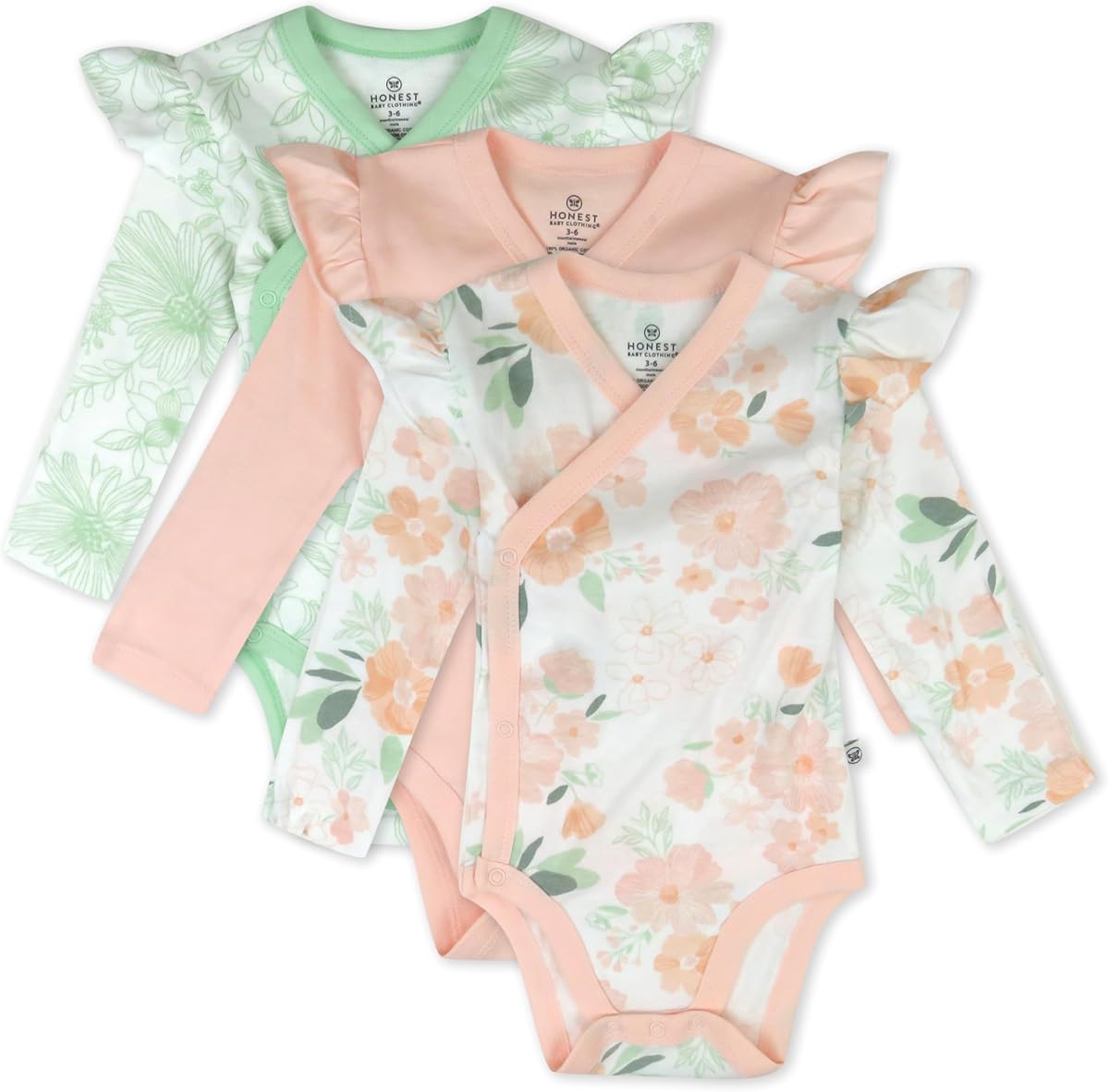 3 Pack Long Sleeve Side Snap Ruffle Shoulder Bodysuit 100% Organic Cotton for Infant Baby and Toddler Girls