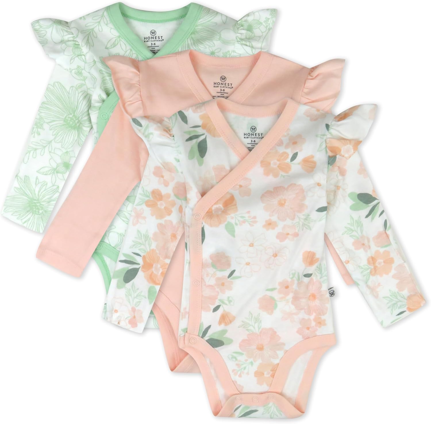3 Pack Long Sleeve Side Snap Ruffle Shoulder Bodysuit 100% Organic Cotton for Infant Baby and Toddler Girls
