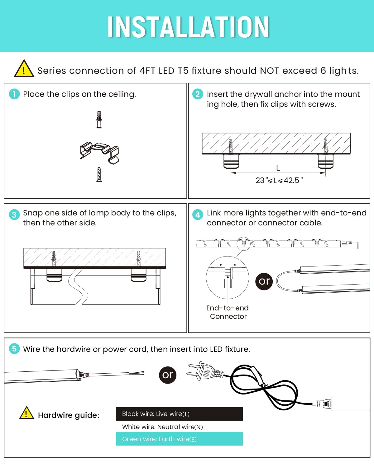 6 Pack 4FT T5 LED Integrated Fixture 6500K 20W 2300LM Super Bright White Linkable LED Shop Light Garage — view 7