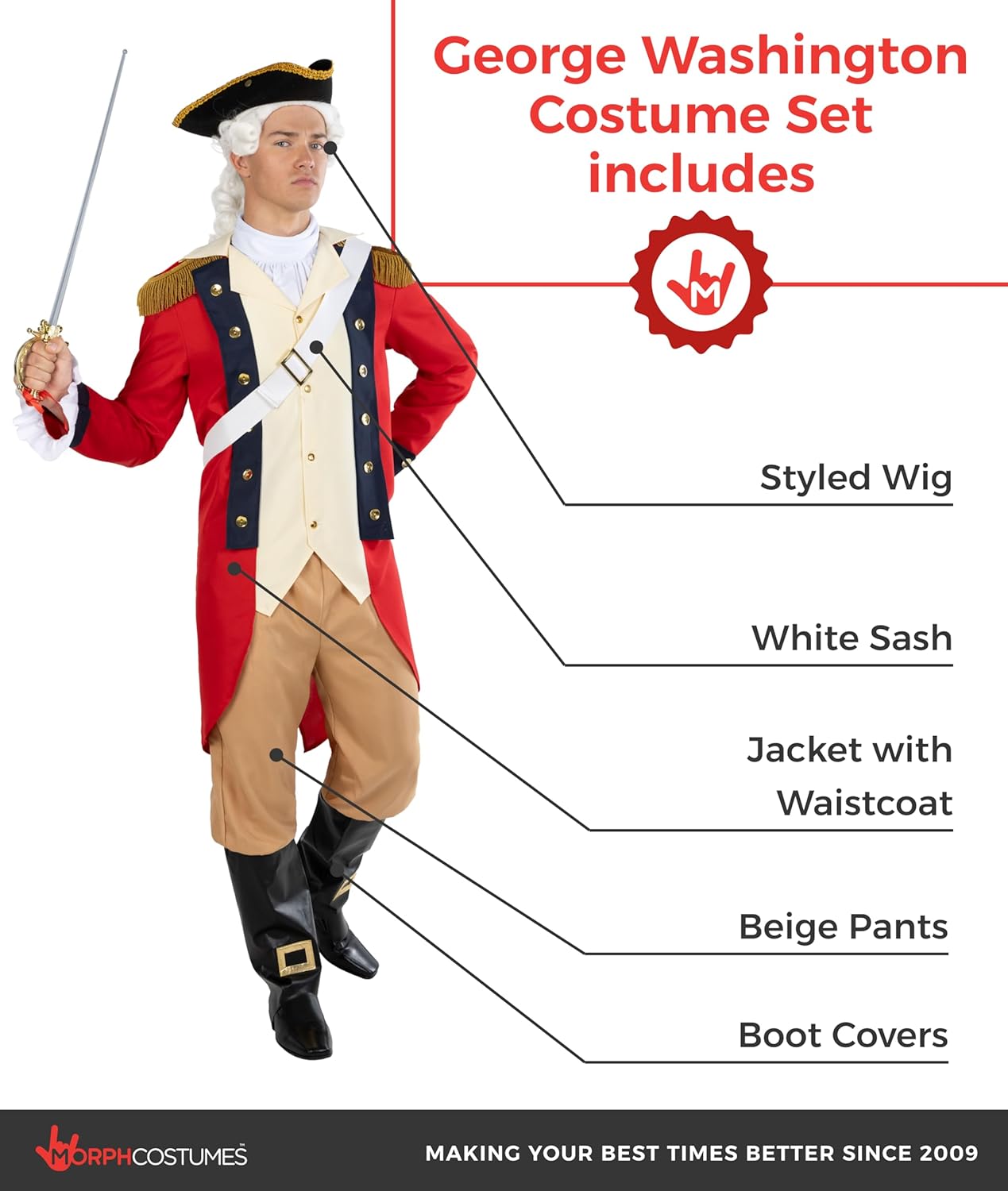 Morph George Washington Costume Adult With Wig, Founding Father Costume, Colonial Costumes Men, Presidents' Day Costumes