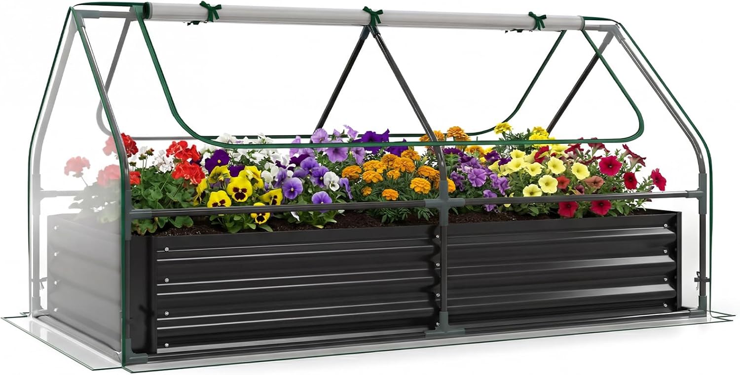 HAPPYGRILL Raised Garden Bed with Cover, Planter Boxes Outdoor w/Mini Greenhouse, 2 Roll-up Windows & Open-Ended Base, Metal Growing Raised Bed for Vegetables (Black, 72” x 36” x 37”)