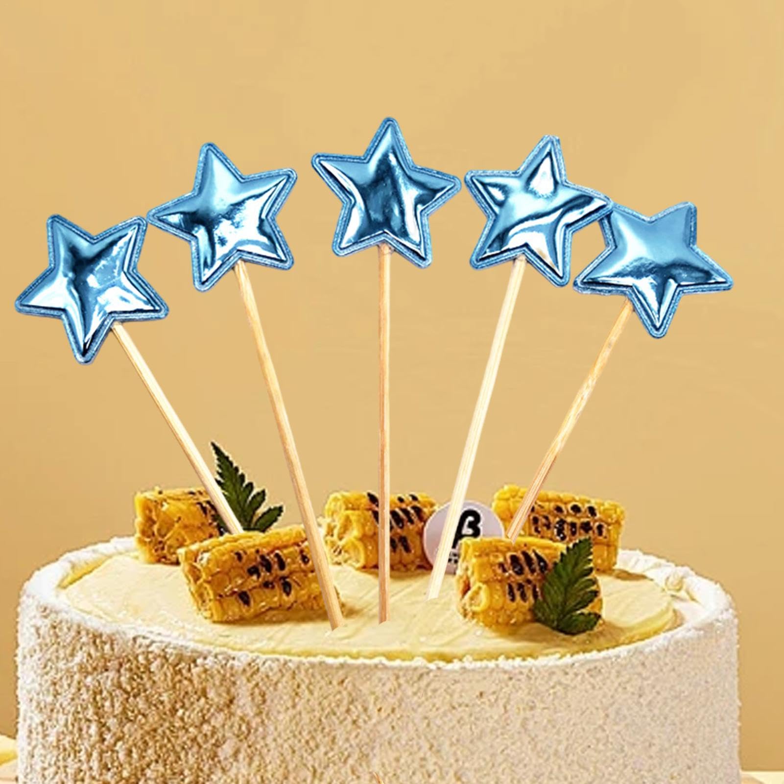 Set Decorazione Torta 5° Compleanno Blu Con Stelle - Include Topper, 10 Decorazioni A Stella E Sticker - Riutilizzabile - 2