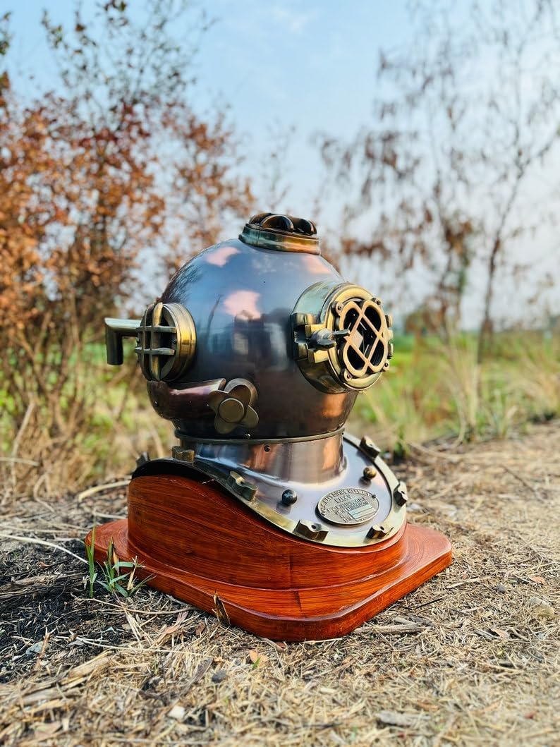 Brown Scuba Diving Helmet Mark V 18" Inch with Wooden Base Maritime Ship's Decorative Helmet Best Décor Gift