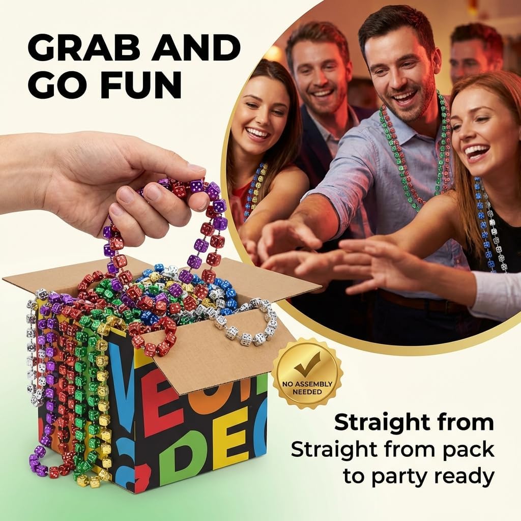 Bunco Dice Bead Necklaces – 12 Total Necklaces (33” Long) with 7.5MM Dice Beads, Assorted Mardi Gras Colors, Fun Bunco Prizes for Ladies Night, Casino Party & Group Events