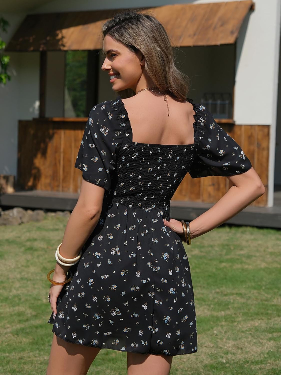 EXLURA Women's 2026 Summer Casual Square Neck Dresses Ruffle Short Sleeve Swiss Dot Flowy Mini Dress - Image 5