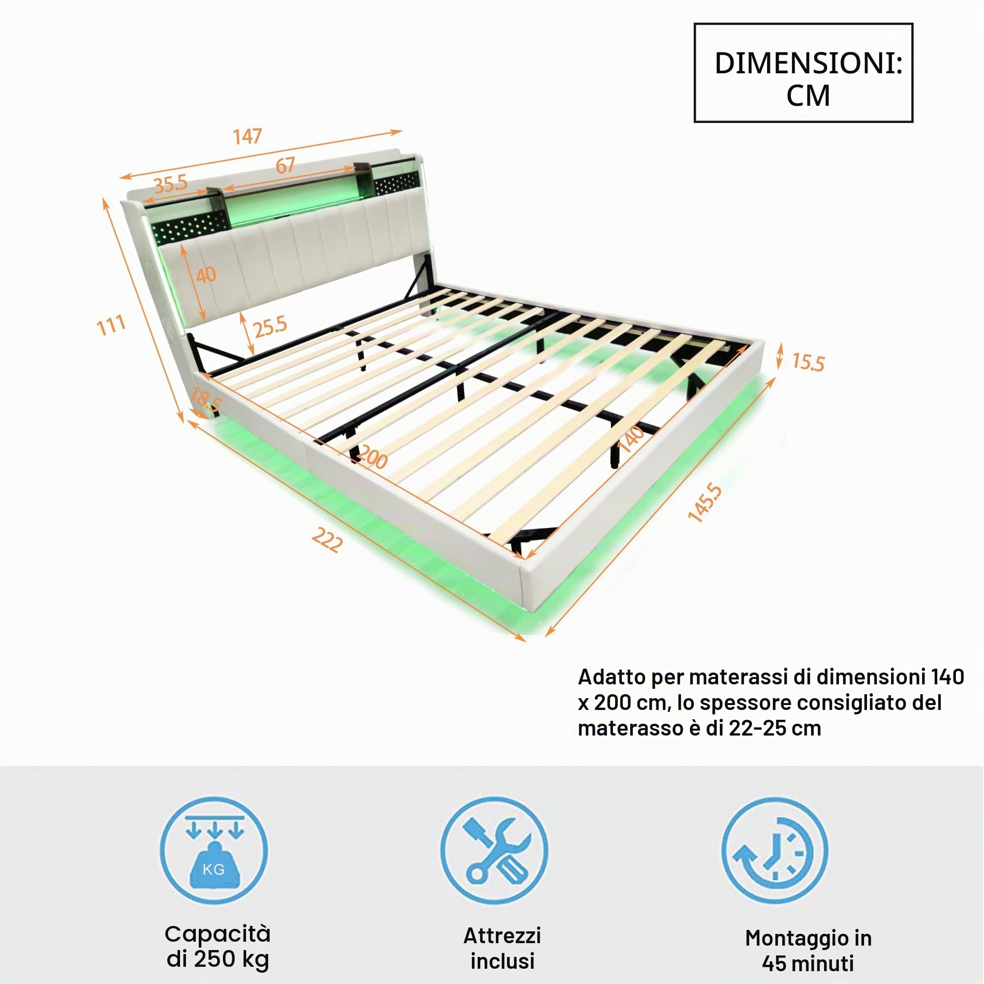 Moimhear Letto imbottito 140x200 cm con illuminazione a LED e presa USB, testiera con vano contenitore, galleggiante, letto per ragazzi, letto per adulti, tessuto di lino (Beige)