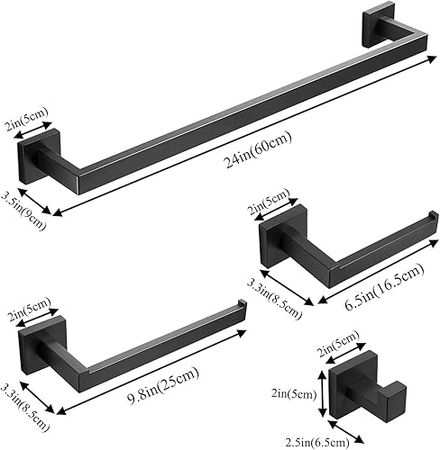 Vista 6 de Juego de accesorios de baño negros de 5 piezas, incluye toallero de 24 pulgadas, soporte para toallas y 2 ganchos para bata, acero inoxidable SUS