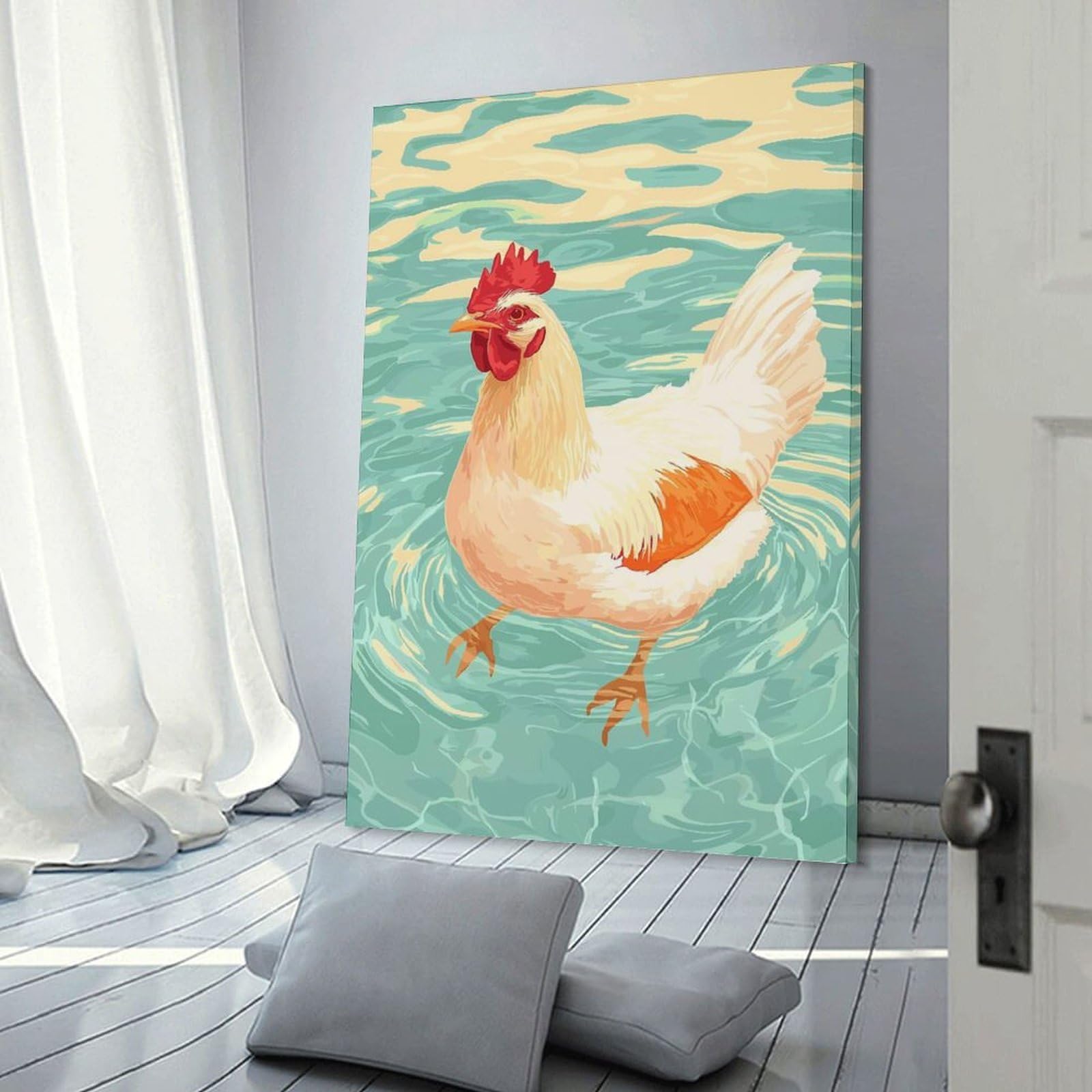 Junmoney Home Decor Wall Art Chicken Wading in Water Illustration, 20x30inch(50x75cm), for New Homes, Bedrooms Or Workspaces, Decorative Present for New Homes