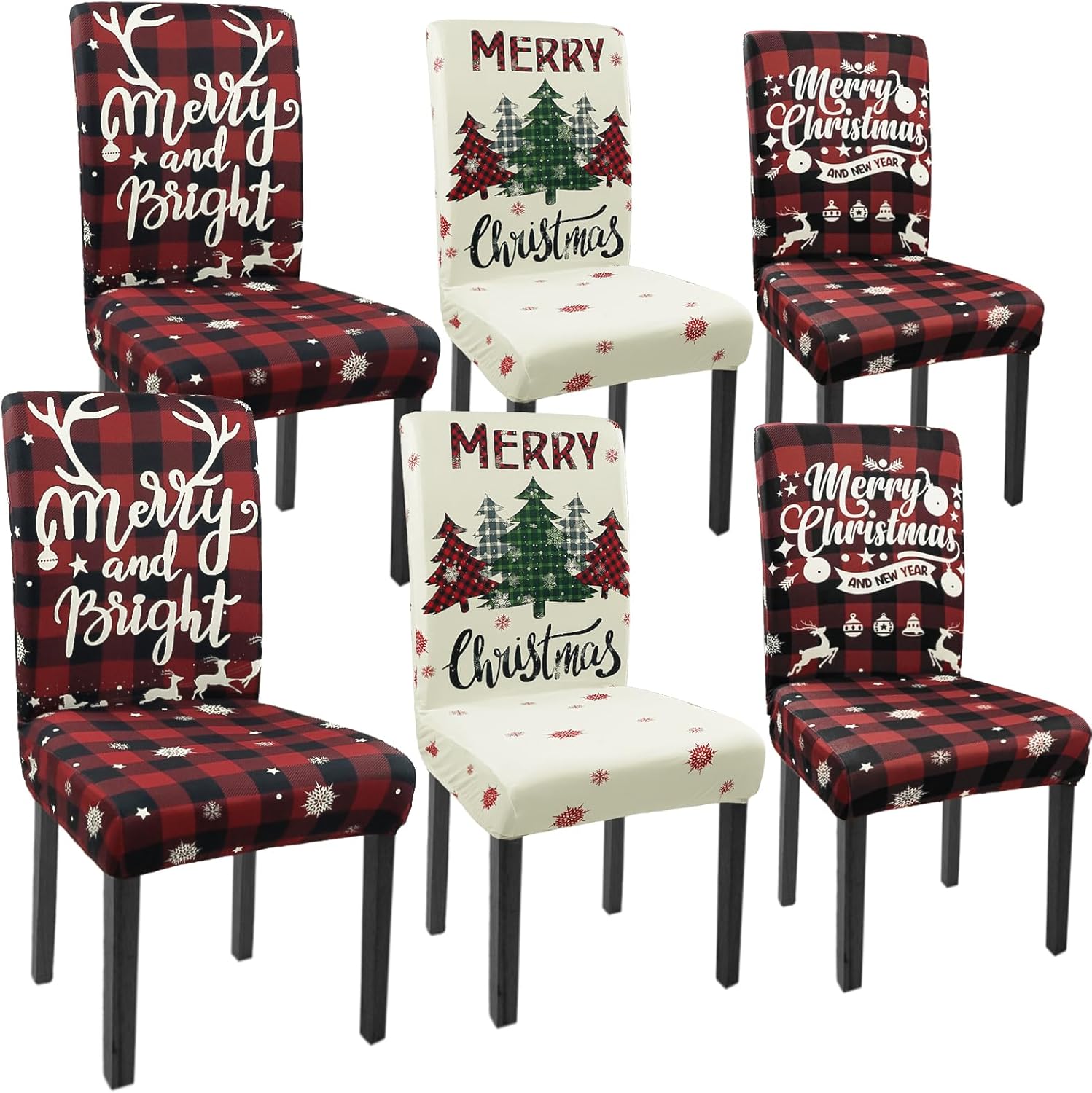 Christmas Chair Covers Set of 6 Xmas Tree Snowflakes Buffalo Plaid Stretch Parsons Chair Slipcovers for Winter Christmas Dining Room Decor Chair Seat Protectors(Christmas Red,6PCS)