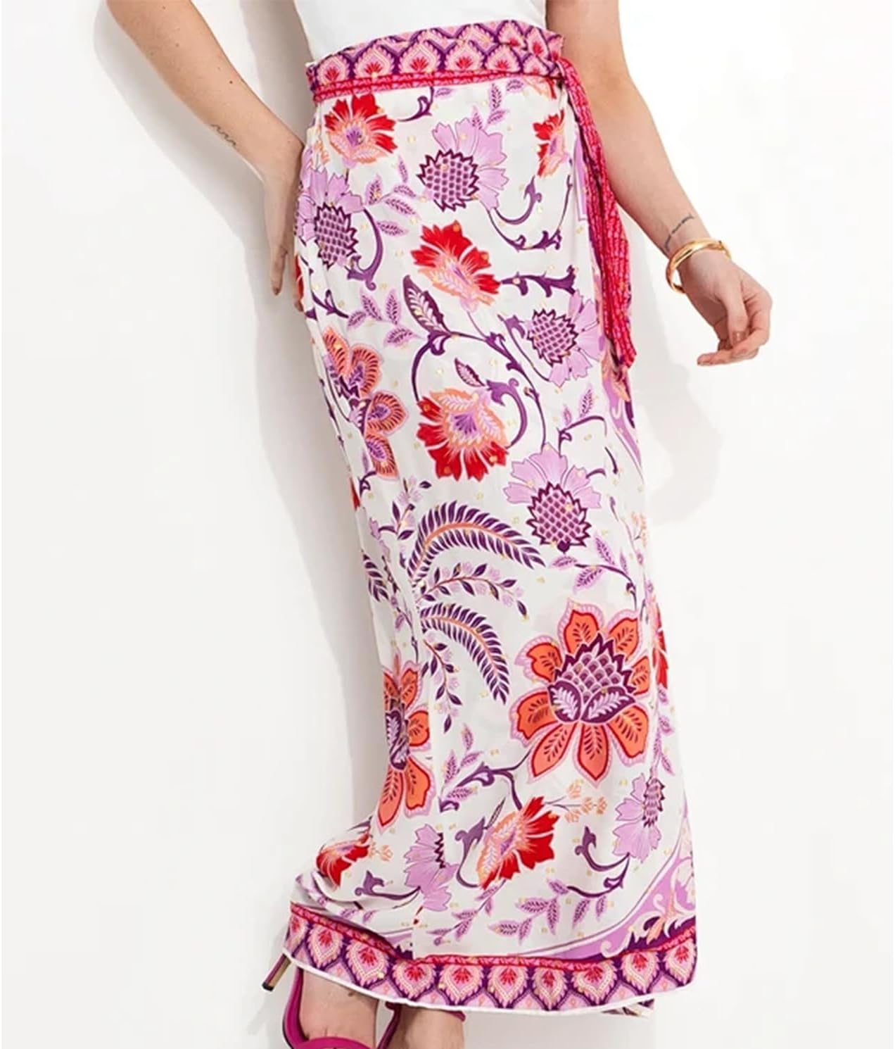 Womens Floral Wrap Midi Skirt Summer Adjustable Tie Side Casual High Waist A Line Beach Boho Long Flared Skirts - Image 6