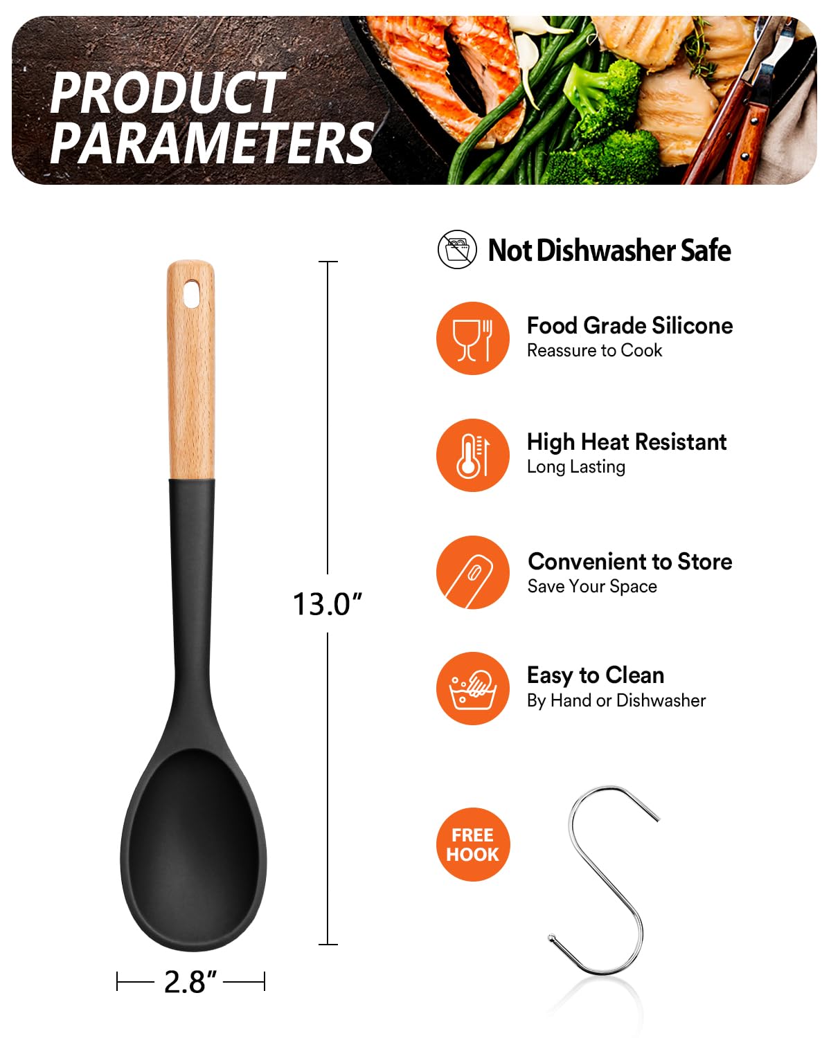 Cucharas de cocina grandes de silicona, cuchara antiadherente con mango de madera maciza, cucharas de cocina de silicona resistentes al calor para cocinar, servir, untar y mezclar, 13.2 pulgadas,