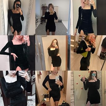 Womens Sexy Velvet Bodycon Dress Gothic Square Neck Long Sleeve Mini Party Dress Rave Festival Clubwear