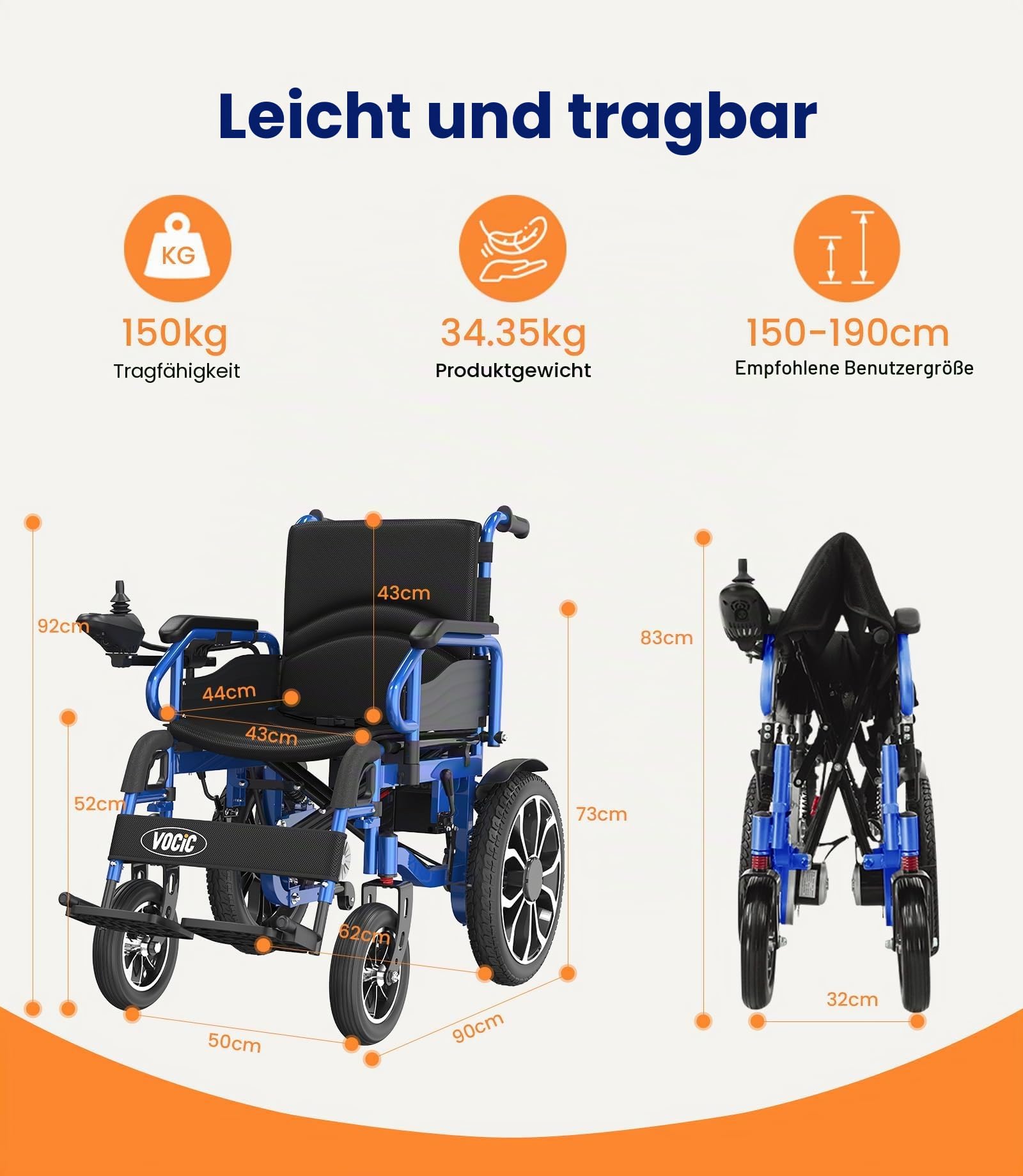 VOCIC V56 Elektrorollstuhl für Senioren Faltbar Leicht,30KM | Tragbarer Rollstuhl Elektrisch bis 150KG,Elektrischer Rollstühle mit 40CM Gummi Luftbereifung für all Gelände,(himmelblau)