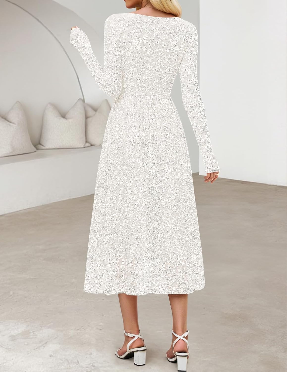 MEROKEETY Women's Floral 2025 Fall Midi Dresses Long Sleeve Square Neck Flowy A Line Wedding Ruched Dress Pockets - Image 4