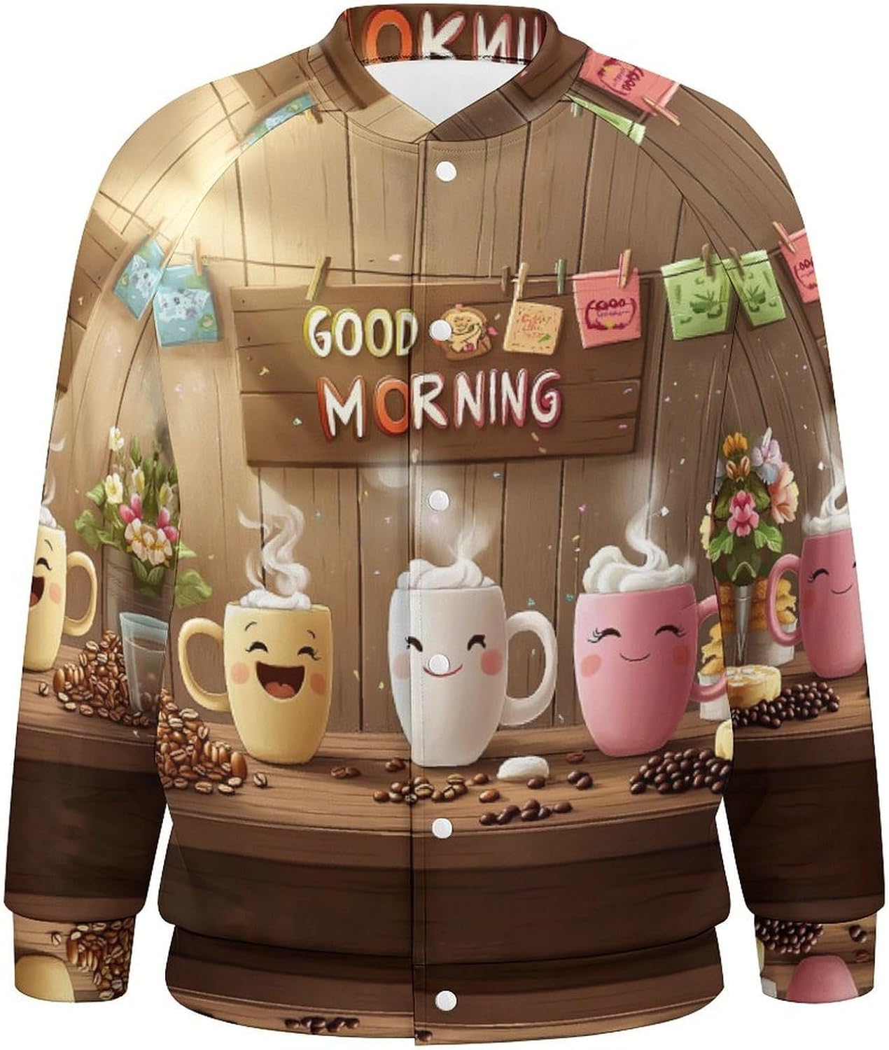 Coffee Cup Kitchen Men's Baseball Jackets Lightweight Sweatshirts Sport Sweater Long Sleeve Coat with Pocket