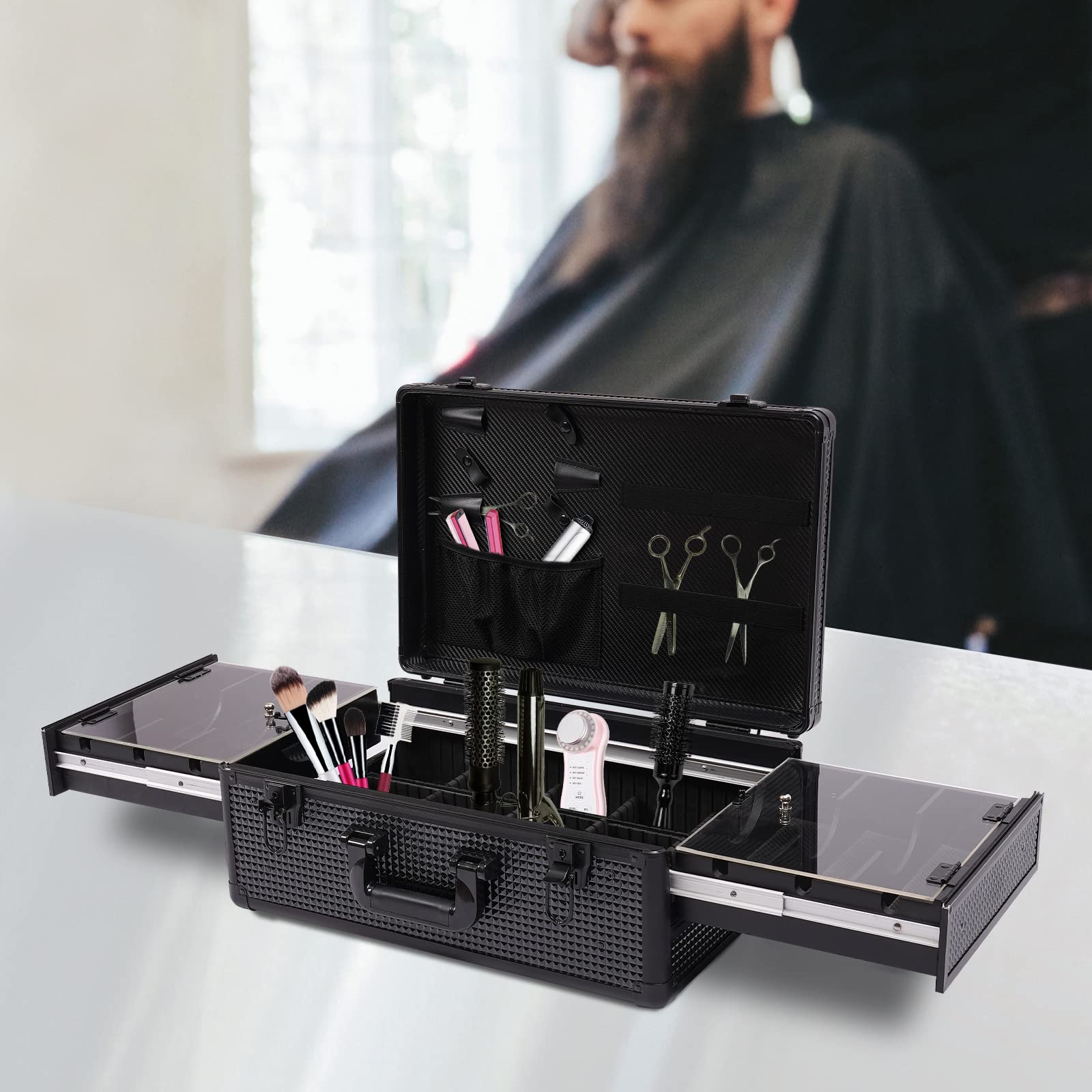 Beauty Salon Barber Case,Hair Stylist Tool Kits Organizer,Professional Barber Travel Carry Case for Hair Scissors Tools Hair Stylist Pet Groome,Barber Carrying Case with Code Lock (Large Black)