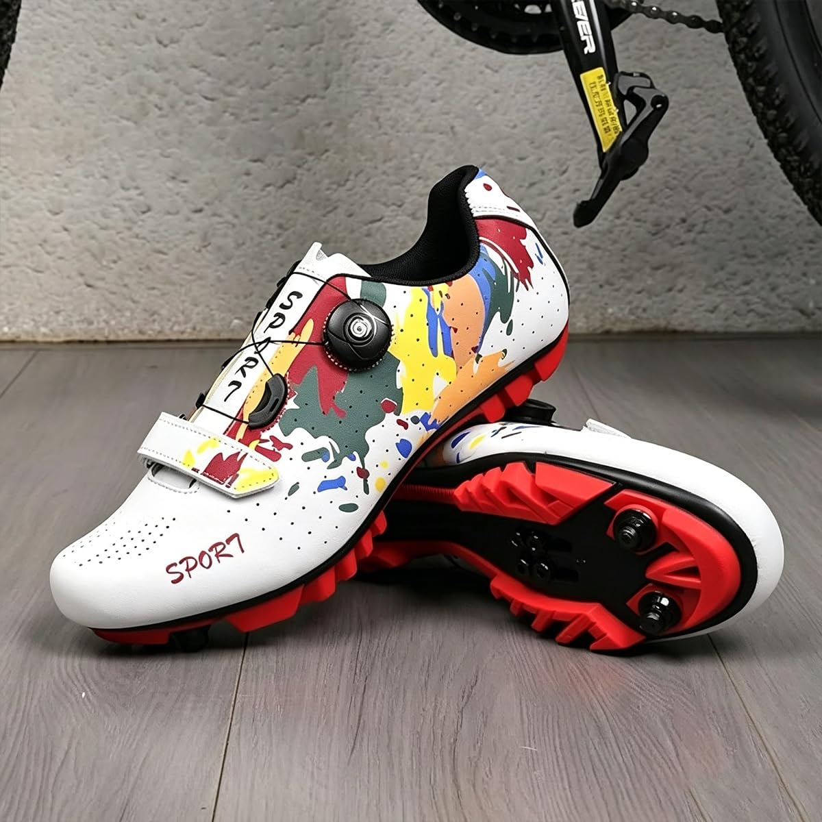 Scarpe da Ciclismo Uomo Donna Scarpe Mountain Bike Graffiti Colorati Scarpe da Bici MTB Traspirante Antiscivolo con 2 Bulloni e Tacchetti