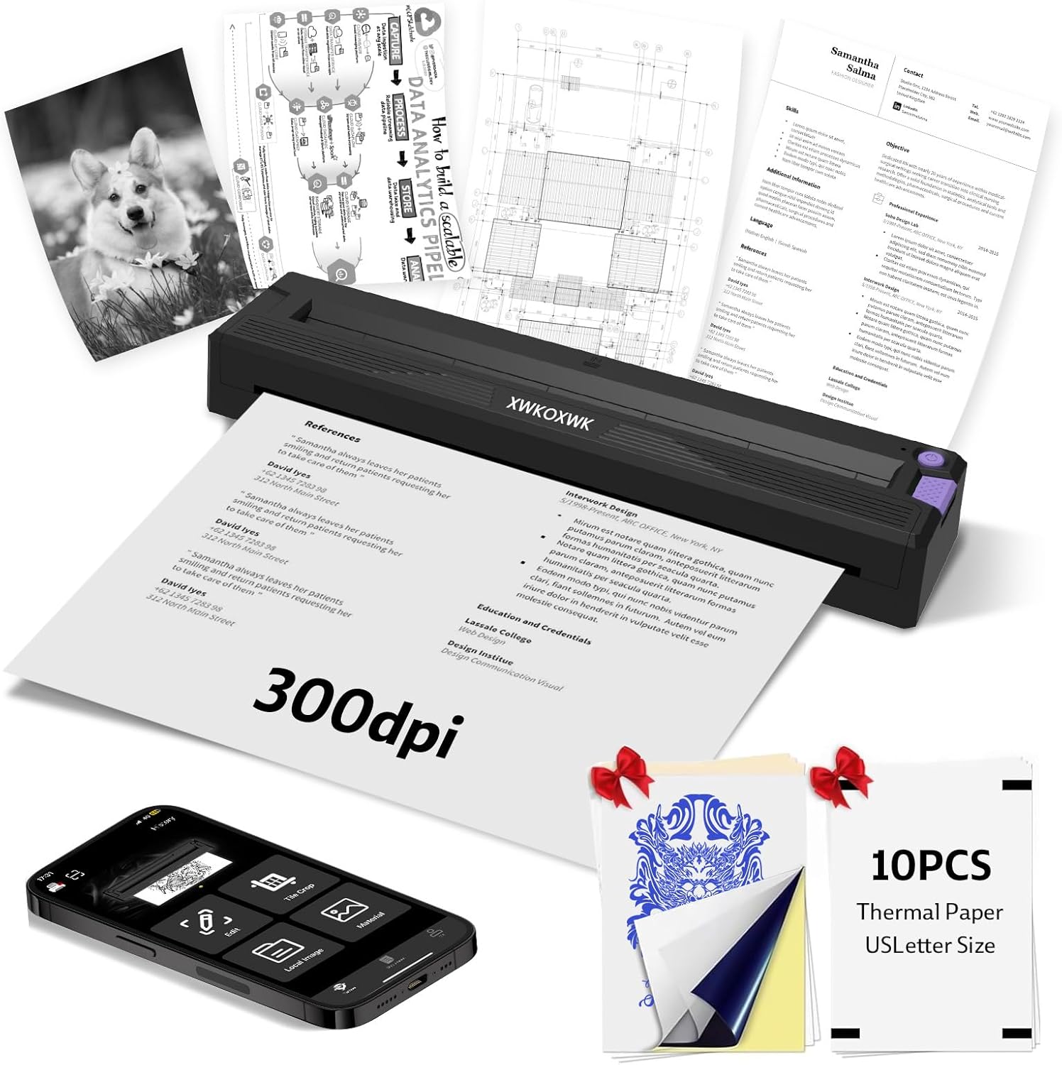 Tattoo Stencil Printer with 3 pcs Transfer Paper and Thermal Paper,Tattoo Machine for Beginners&Artists,Portable Bluetooth Wireless Inkless Printer Compatible with Phone/Pc (Grey)
