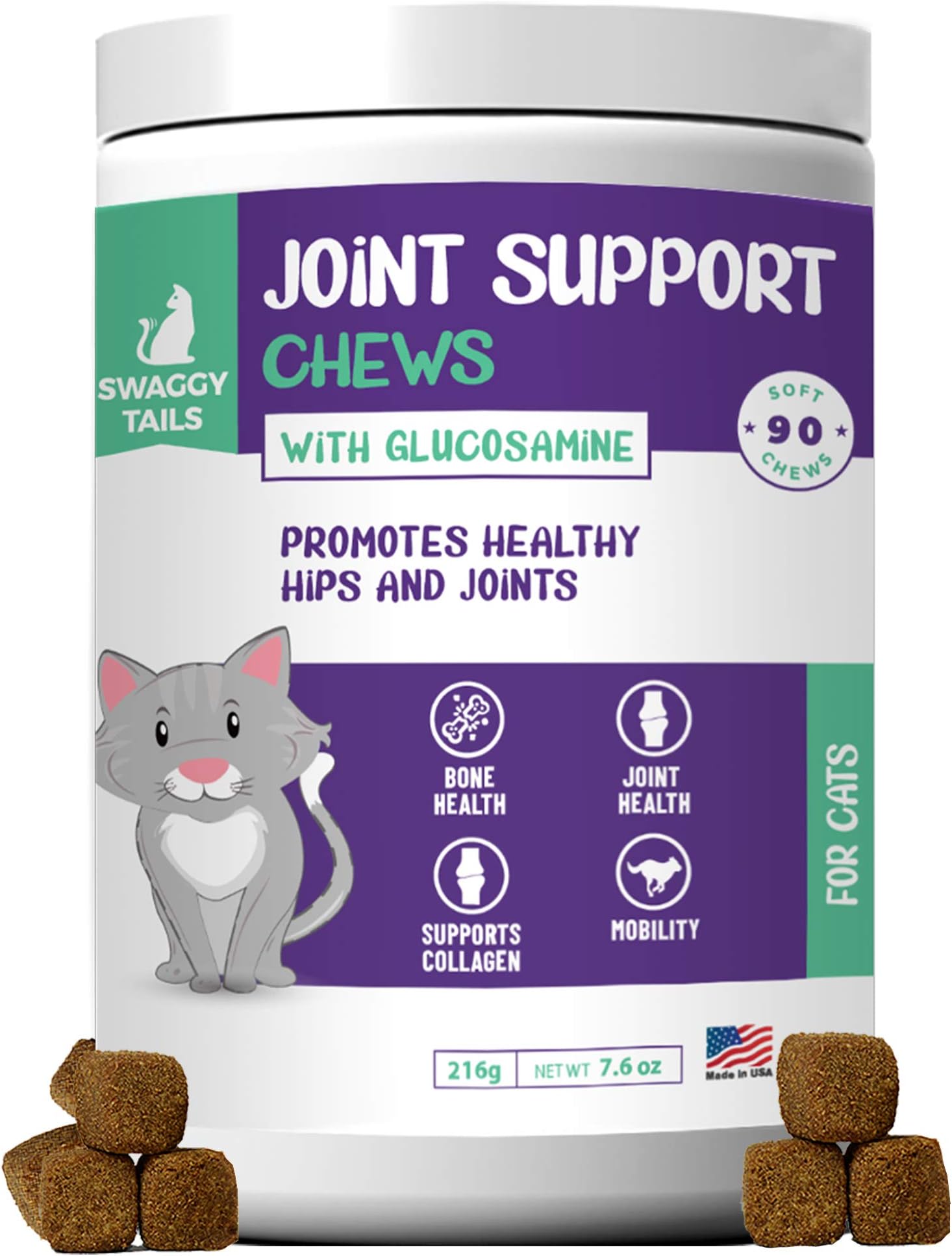 SWAGGY TAILS Glucosamine for Cats, Joint Inflammation Supplement, 90 Cat Joint Chews Joint