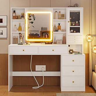 Makeup Vanity with Charging Station & 3-Layer Jewelry Box, Vanity Desk with Sliding Mirror and Lights, Vanity Table with 8 Necklace Hooks & 5 Drawers & Shelves, White