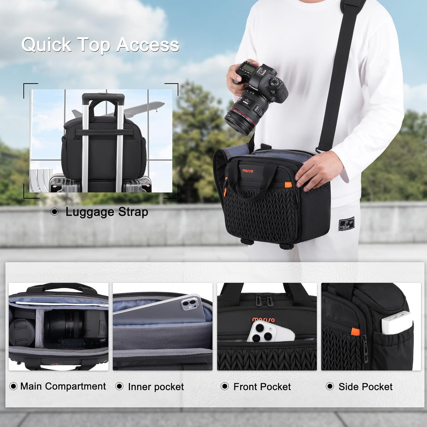 MOSISO Camera Bag for Photographers, Photography Shoulder Bag for DSLR/SLR/Mirrorless Cameras, Wheat Ear Quilted Padded Camera Case with Rain Cover & Bottom Tripod Holder for Canon/Nikon/Sony, Black - Image 6