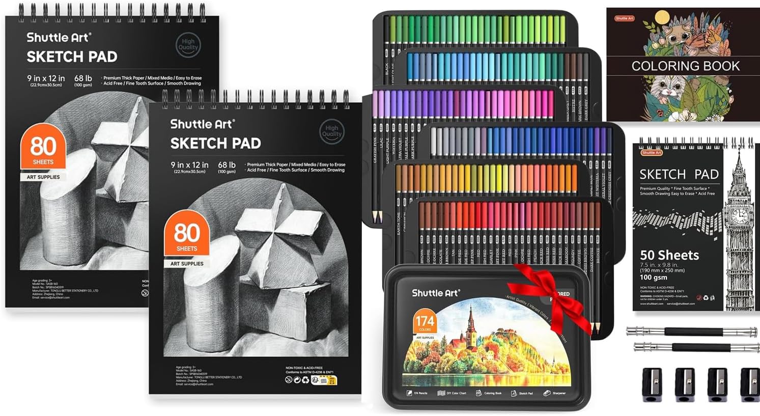 Shuttle Art Colored Pencils and Sketch Pad Bundle, Set of 174 Colors Professional Colored Pencils + 160 Sheets Artist Sketch Books