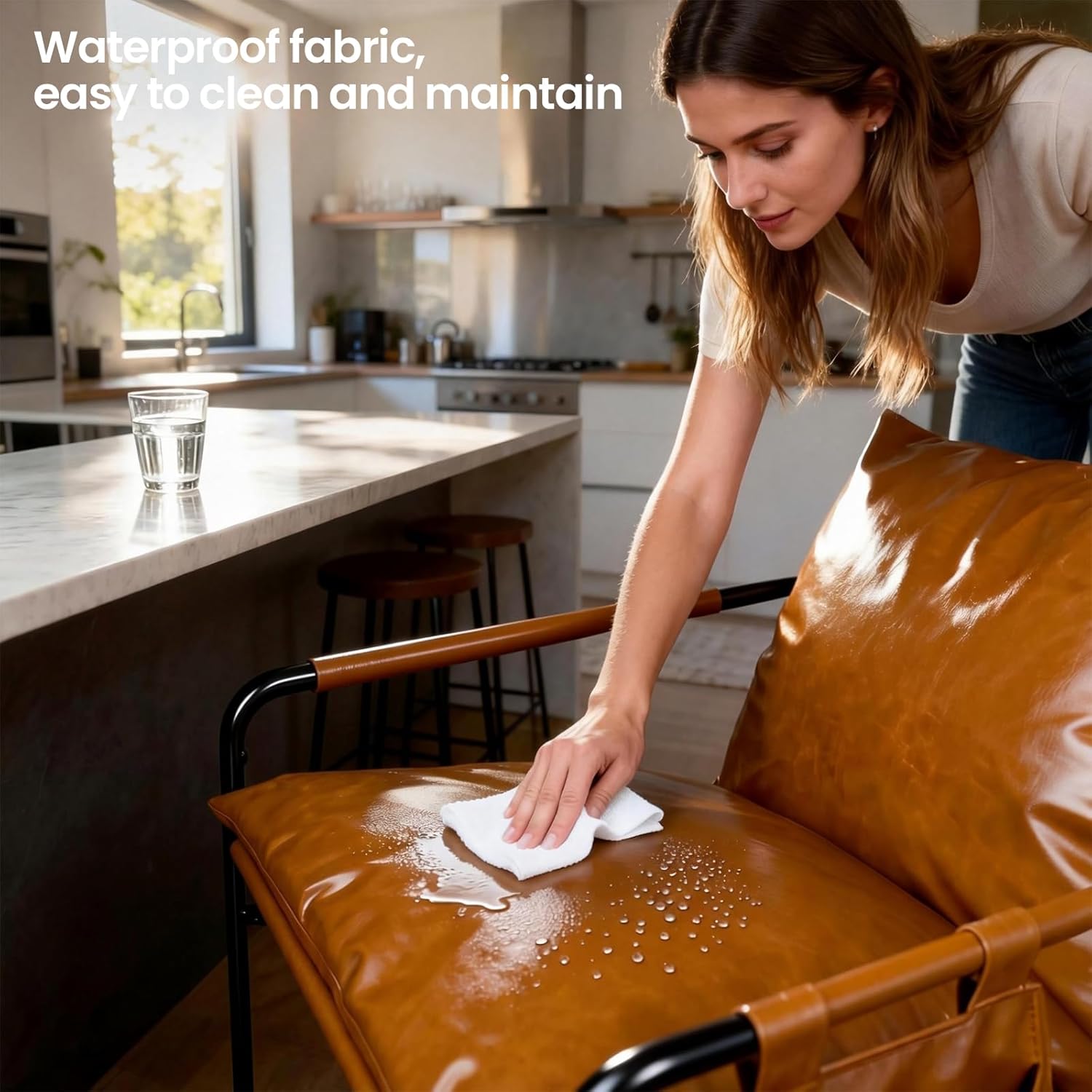 Modern Faux leather Armchair Comfy Accent Chair with Sturdy Metal Frame Wood Armrest And bag Living Room chairs Soft Cushion Lounge couch sofa Chair Oversized Reading chair for Bedroom Patio Porch