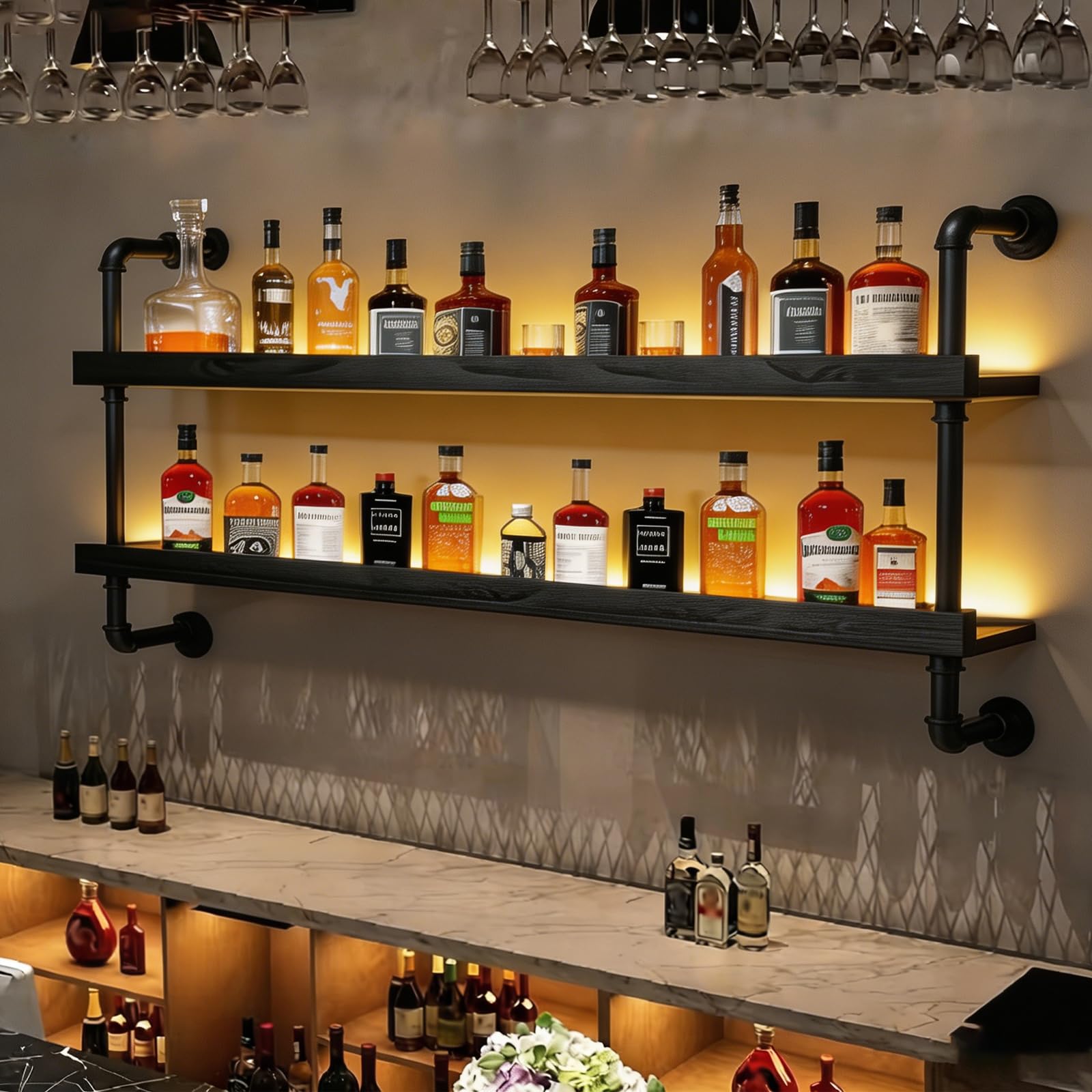 Wall Mounted Wine Rack with LED Light - 2-Tier Solid Wood Industrial Rustic Floating Shelves, Bottle Storage Organizer for Kitchen, Bar, Pub, Cellar, Home Bar (Black, 2-89cm/35in)