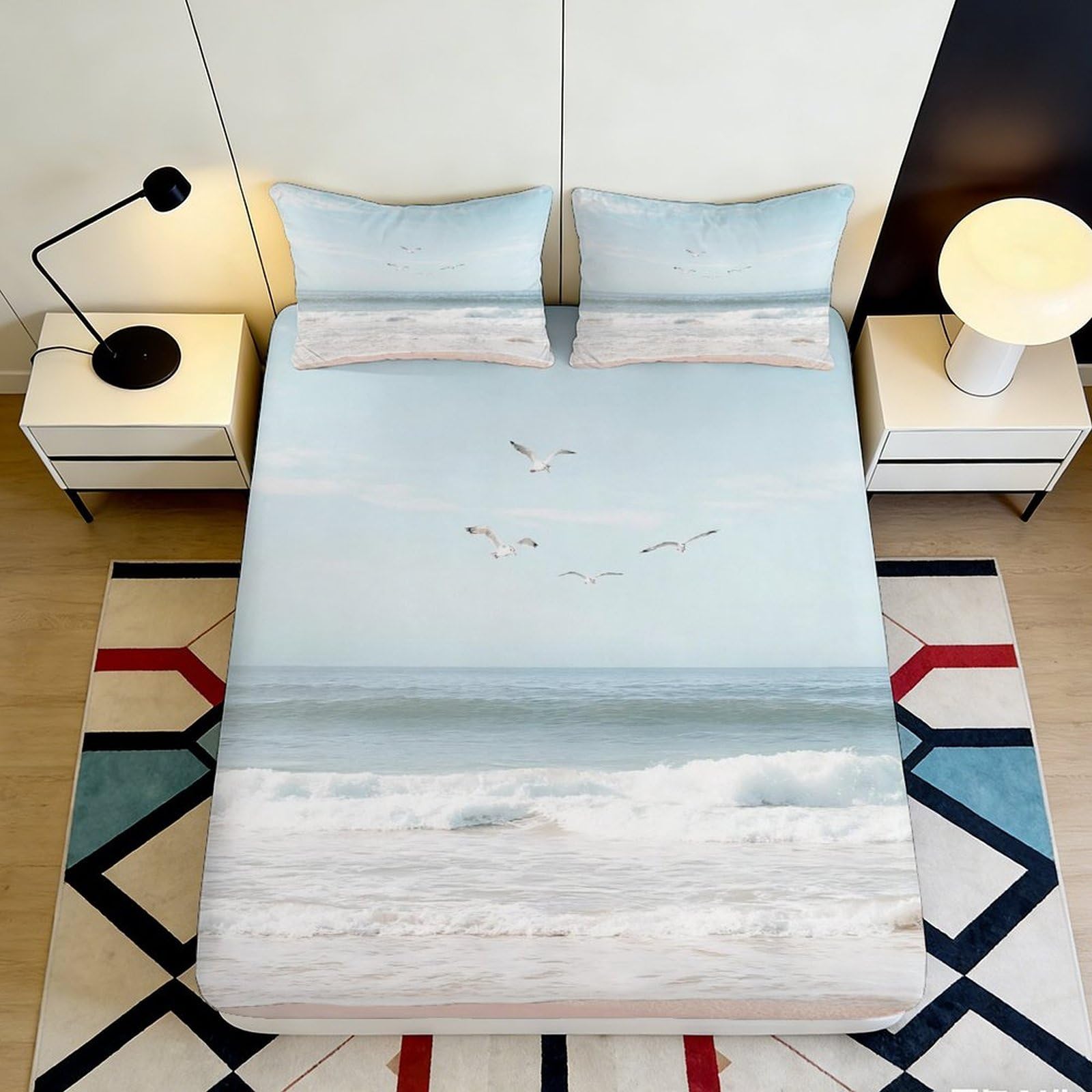 Pnayamiorkfel Style-8 3D Printed Ocean Seagull Fitted Sheet Microfiber Soft Blue Beach Mattress Cover For Bedroom Guest Room Decor Protector 90X200x25cm