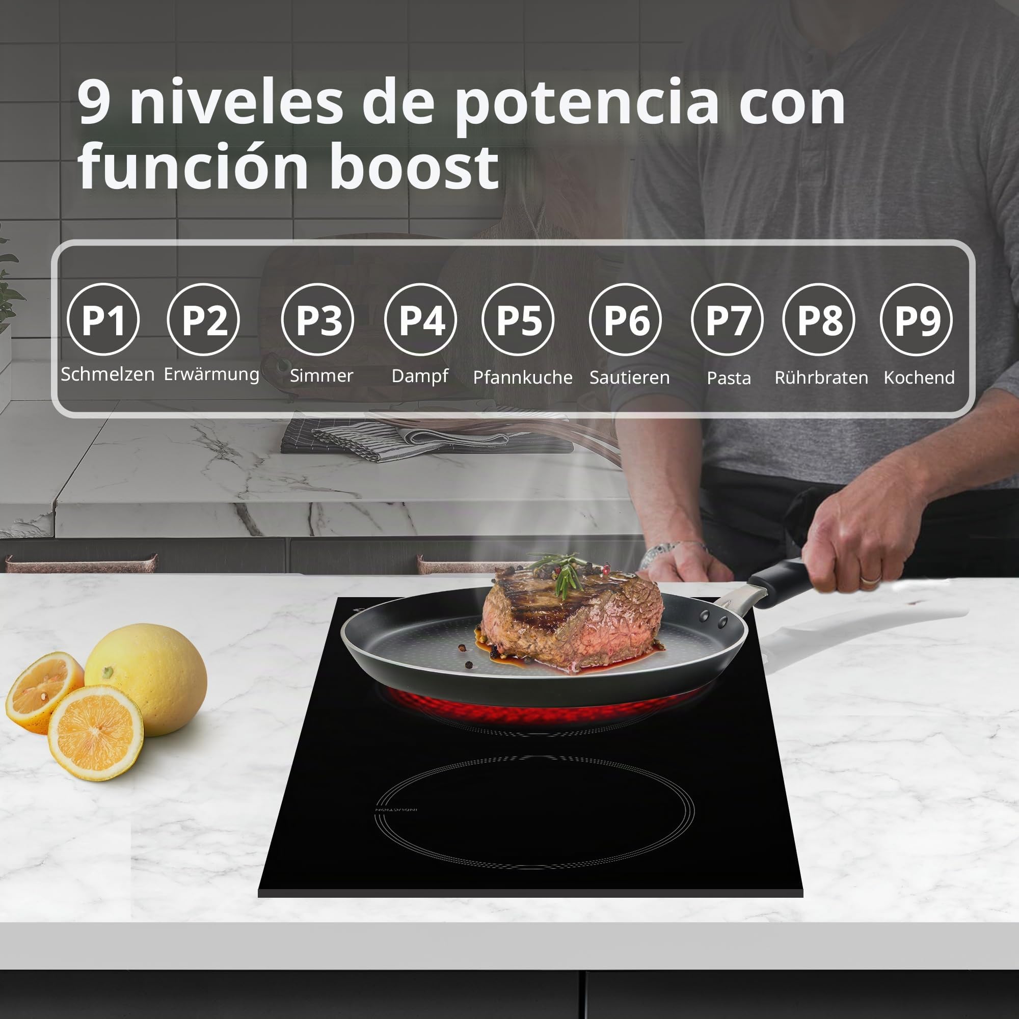 Midea Placa de inducción con 2 zonas de cocción. Placa de cerámica empotrada, cableado, control táctil, apagado automático, protección para niños